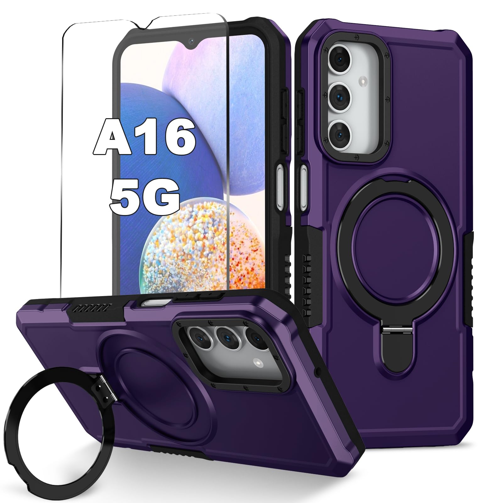 ELECWAY for Samsung Galaxy A16 5G Phone Case 2024 with Screen Protector, 360 Rotating Stand Heavy Protection Cover for Galaxy A 16 Phone, Light Purple
