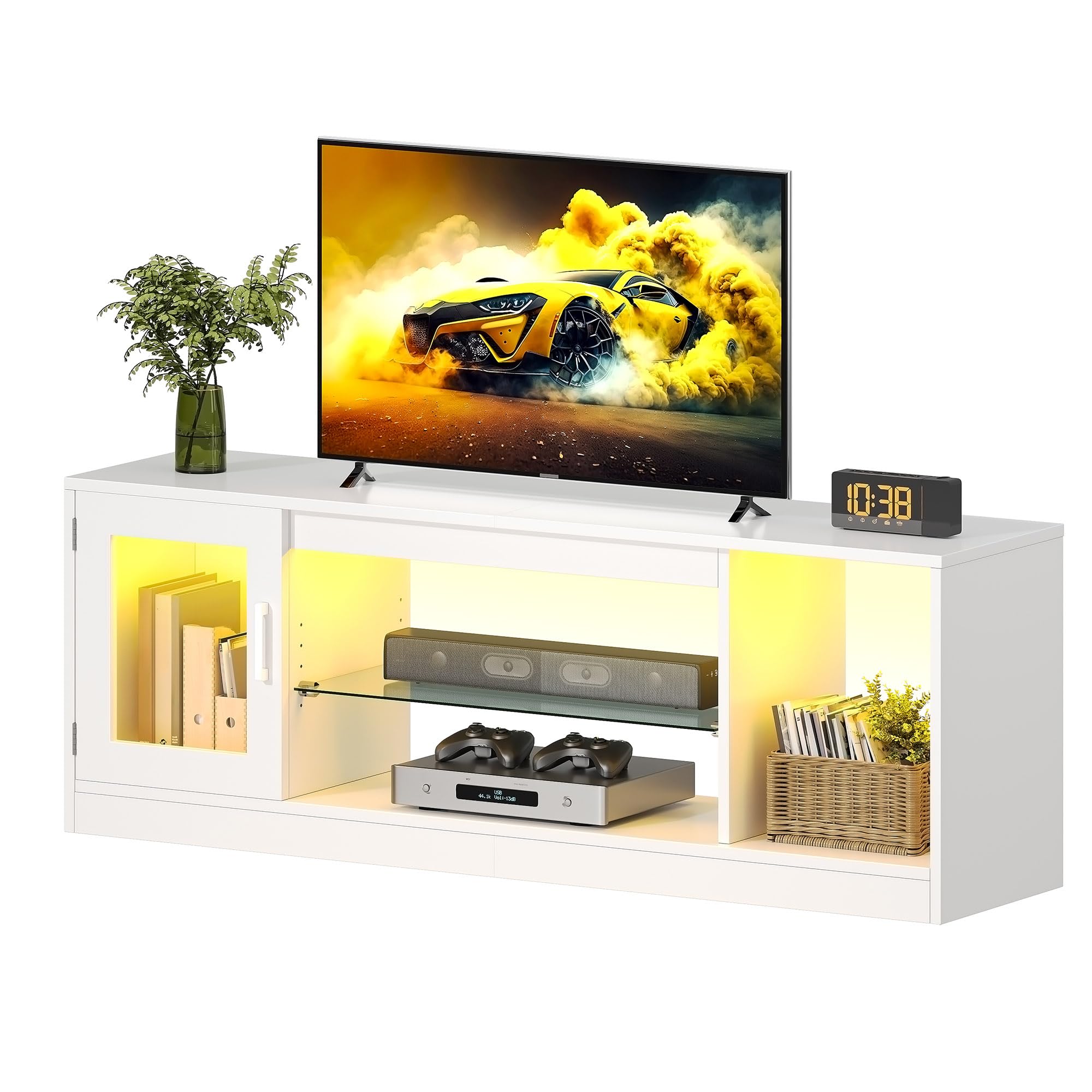 YITAHOME 148 cm Meuble TV pour TV jusqu'à 65 Pouces avec 7 LED RGB 22 Modes lumières TV Game Entertainment Center TV Low Board avec étagère en Verre réglable