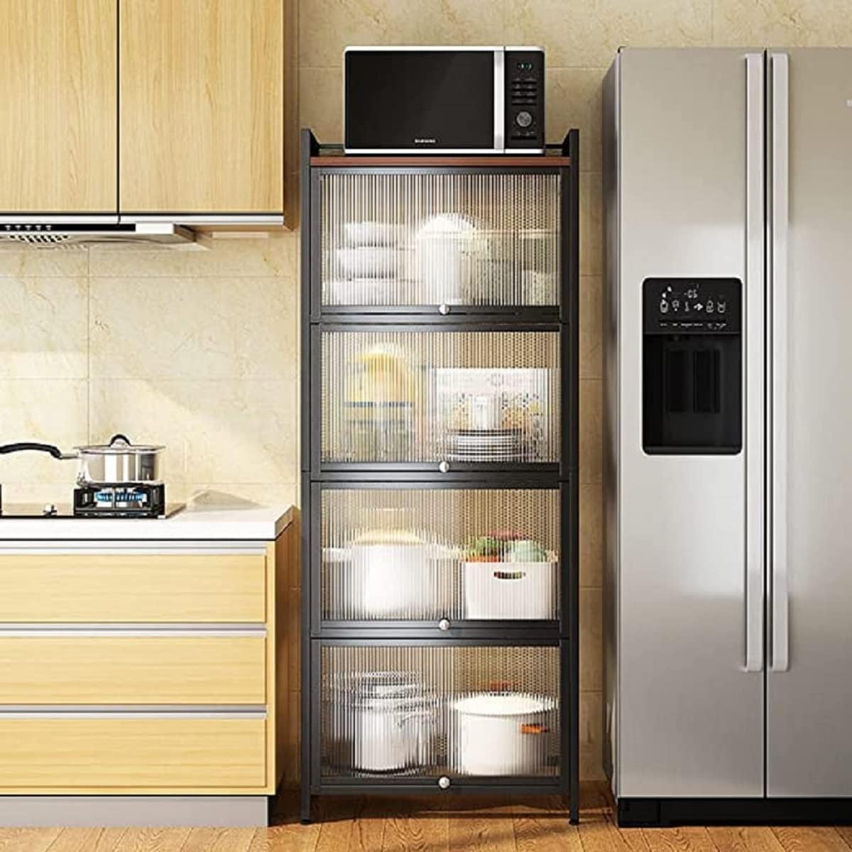 Bakers Rack With Storage, Bakers Racks For Kitchens, 4-Tier Flip-Top Kitchen Storage Shelf, With 4 Hooks, Semi-Transparent Cabinet Door, Adjustable Foot Pads (Black, 4 Tier)