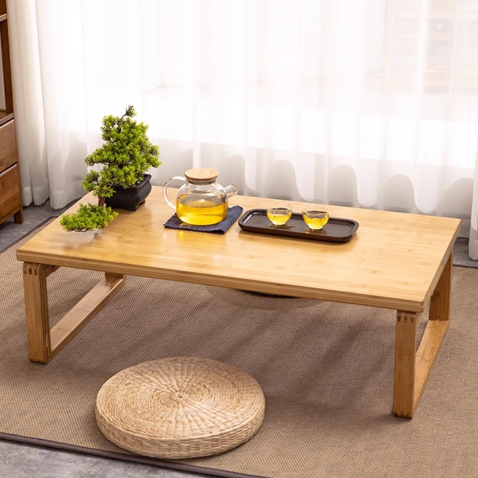 Nowoczesny bambusowy japoński stolik kawowy podłogowy – wielofunkcyjny niski stolik do salonu, idealny do siedzenia i relaksu (naturalne drewno 120 x 55 x 31 cm / 47,2 x 21,7 x 12,2 cala)