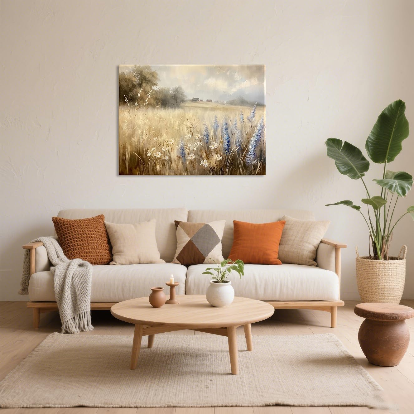 Framed Vintage Canvas Wall Art, Rustic Landscape Painting with Flowers and Meadow Field, Farmhouse Cottagecore Decor for Living Room, Bedroom, Bathroom, Office, Ready to Hang