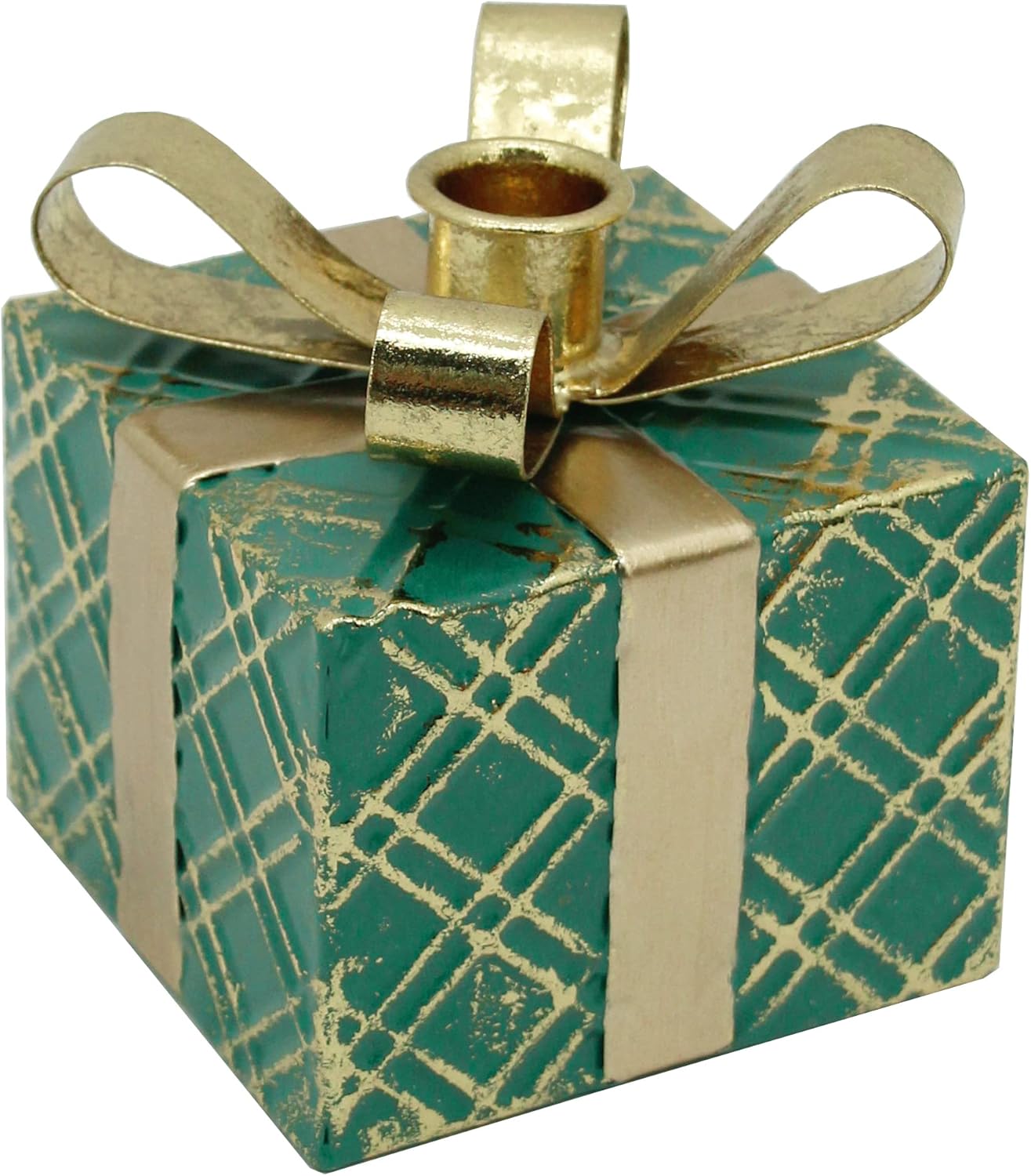 4.5" Green Metal Gift Box Christmas Taper Candle Holder