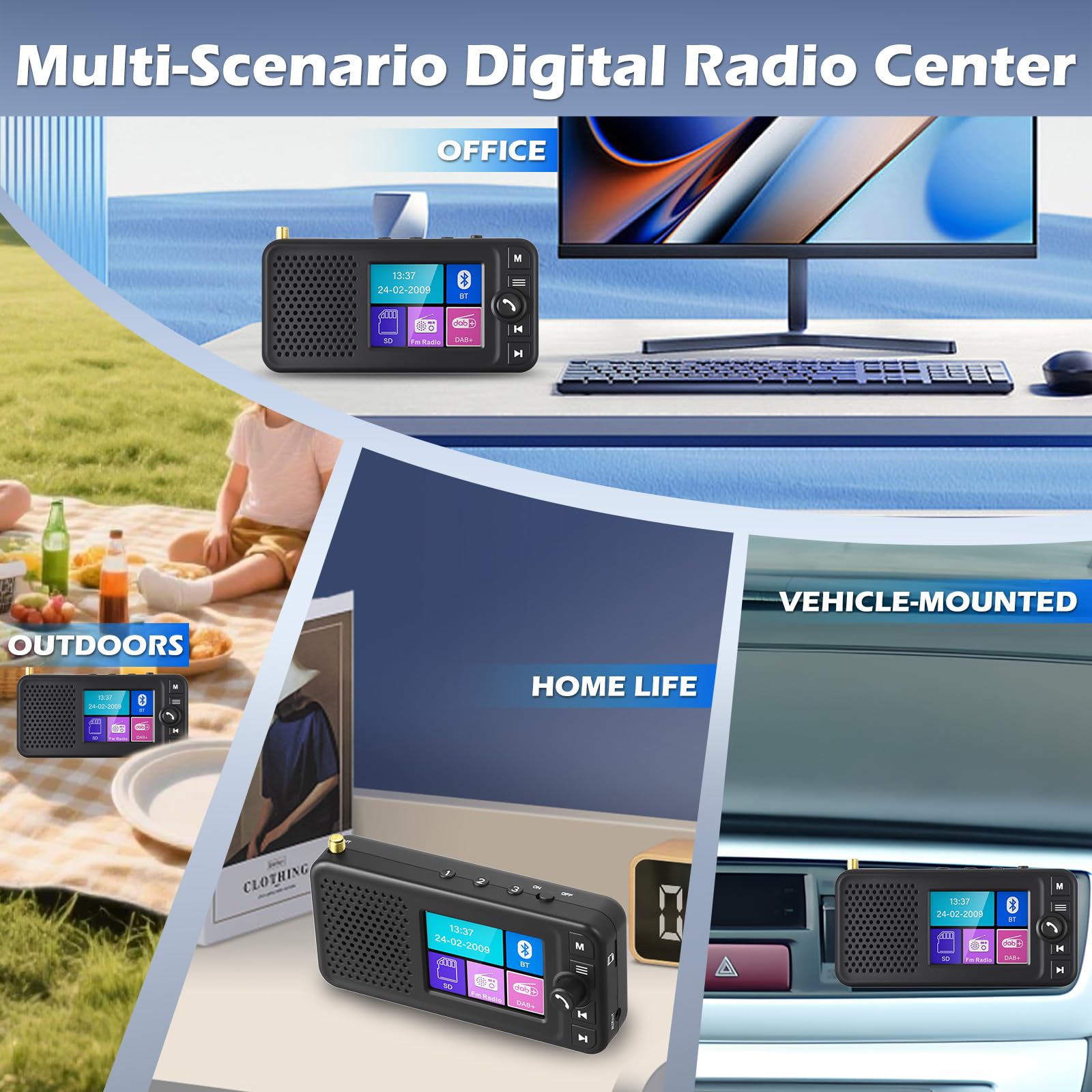 Adapter samochodowy DAB/DAB+ z akumulatorem, 2,4-calowy kolorowy wyświetlacz LCD, transmisja FM i Bluetooth, wyjście AUX i obsługa kart TF, wbudowany głośnik