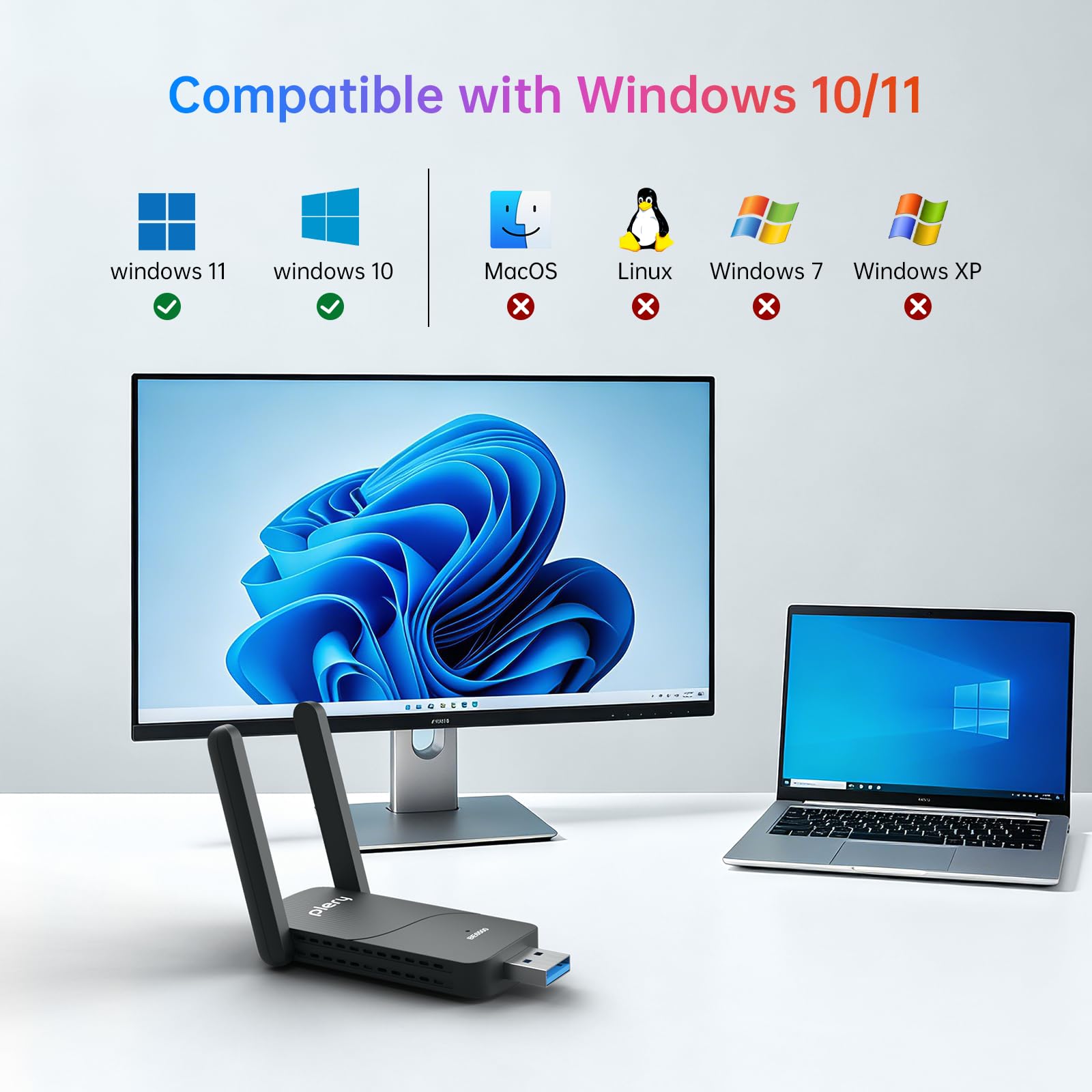 BE6500 Adaptador USB WiFi 7, adaptador de red inalámbrico de triple banda 6 GHz/5 GHz/2.4 GHz para PC de escritorio, portátil, antena Wi-Fi de latencia ultrabaja para juegos de PC, para Windows
