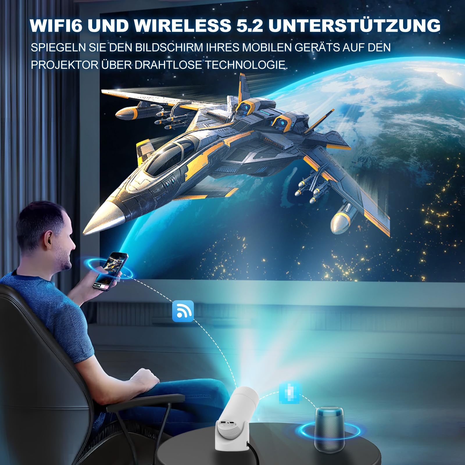 Mini proiettore con Bluetooth 5.0, proiettore portatile VenirCool P2 13000 L, supporto 4K con correzione trapezoidale elettrica WiFi6, supporto girevole a 180° per film domestici