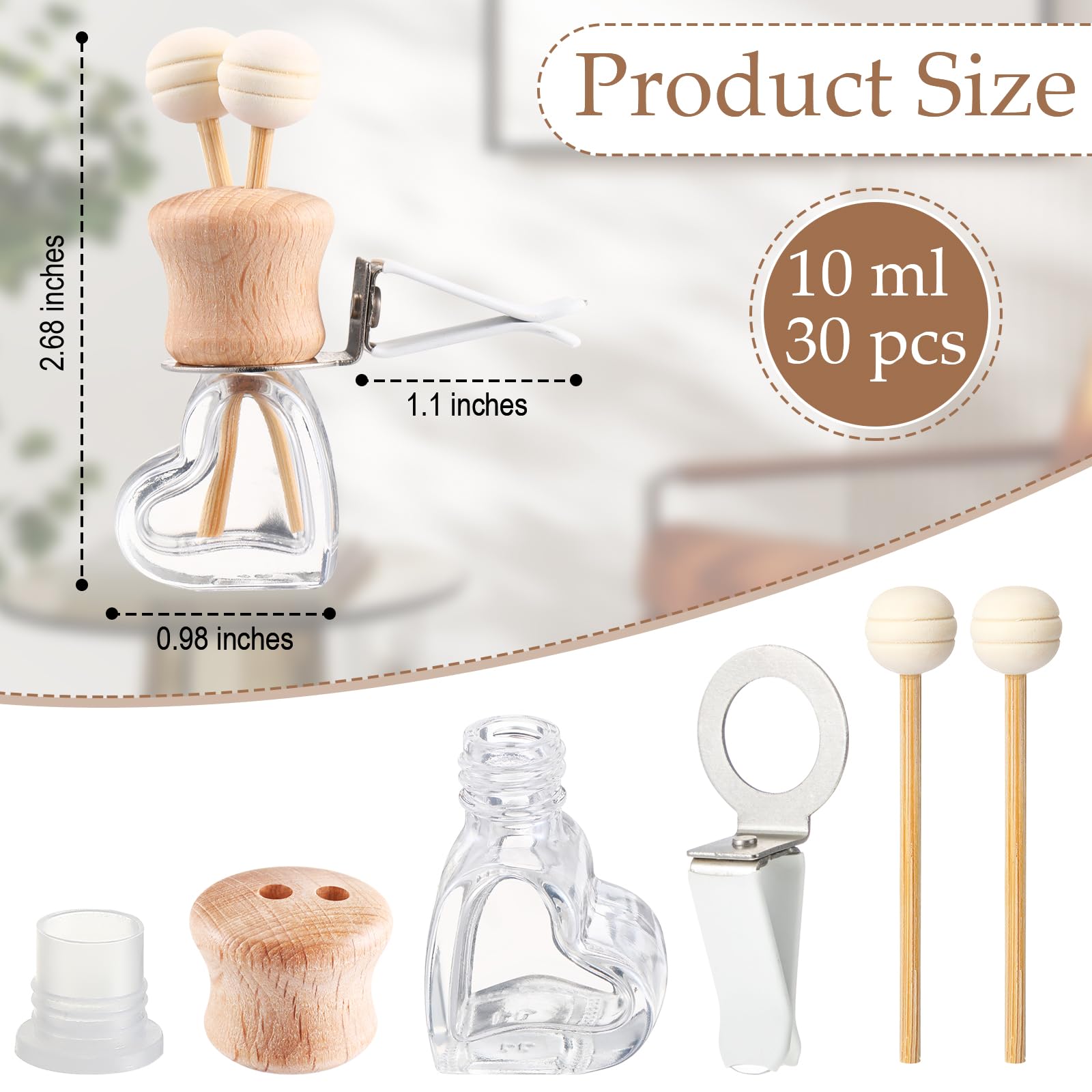 Zubebe Paquete de 30 ambientadores de coche con clip de ventilación, botellas difusoras vacías para aceite esencial, perfume, botella difusora de vidrio con tapas de madera (corazón)
