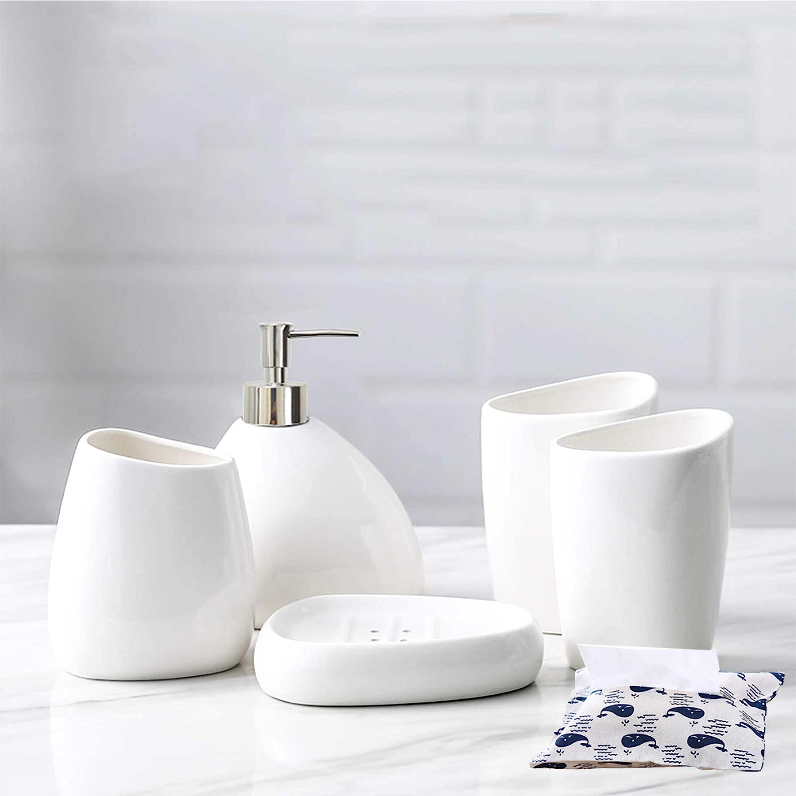 IS MUHE White Bathroom Accessories Set Complete, 5 Pcs Ceramic Bathroom Counter Vanity Sets - Bathroom Soap Dispenser and Toothbrush Holder Set, 2 Tumbler, Soap Dish (silvery) (Silvery)