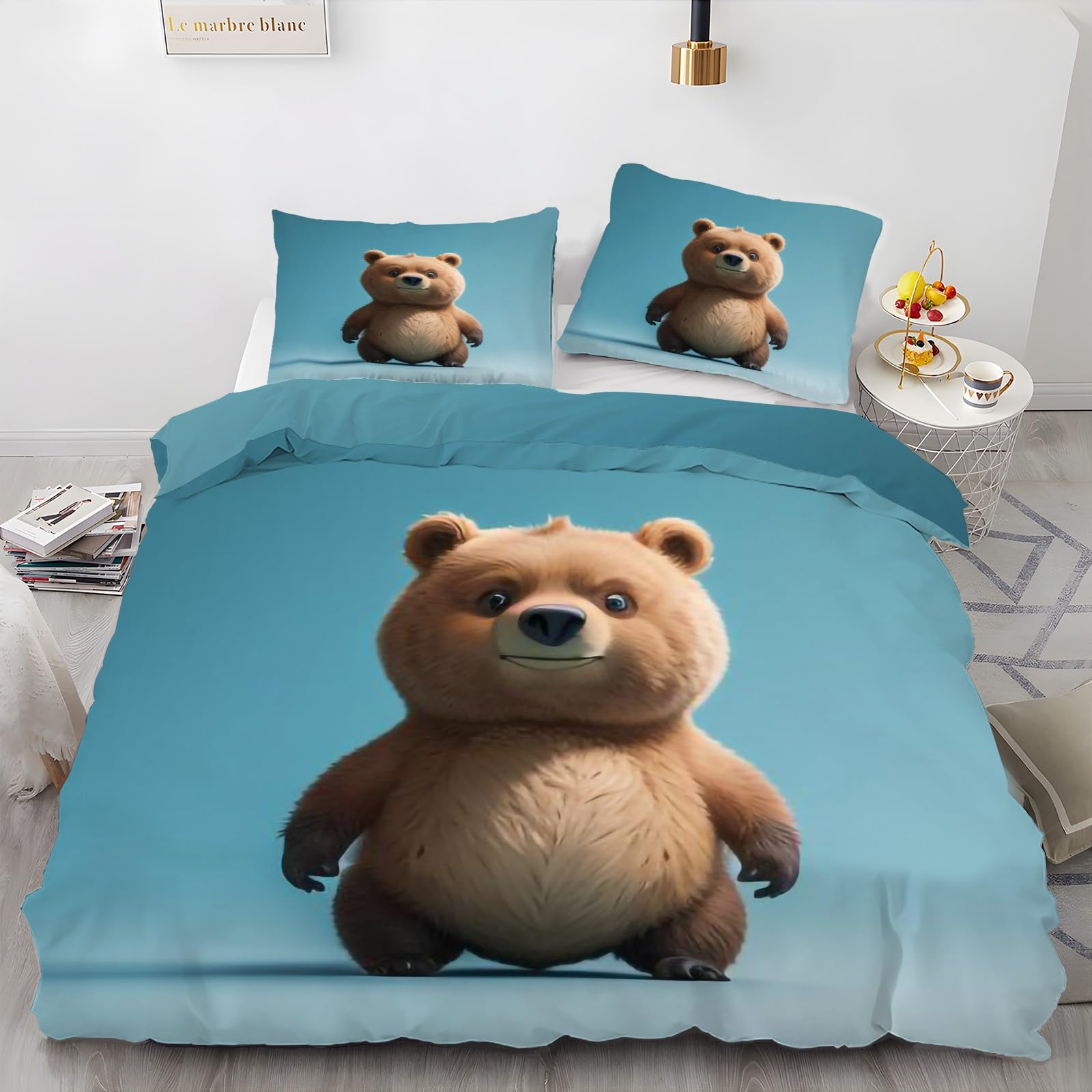 Housse de Couette 240 x 260 Mignonne Ours Brun Finie la Couette qui Glisse Grâce au Zip Intégré