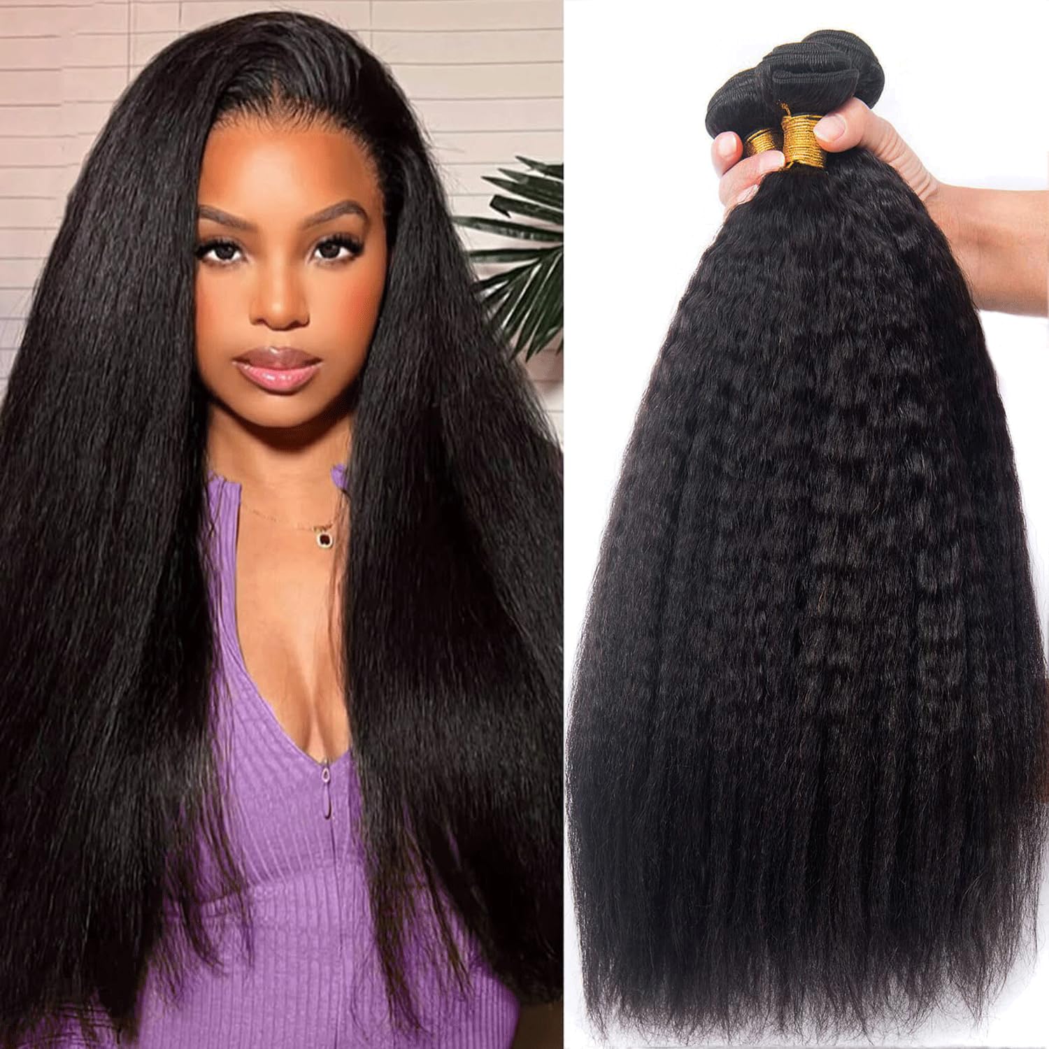 Kinky Straight Bundles Human Hair 24 26 28 Inch 3 Bundles 100% Unprocessed Brazilian Virgin Remy Hair Yaki Straight Human Hair Extensions Raw Bundles Human Hair Natural Black