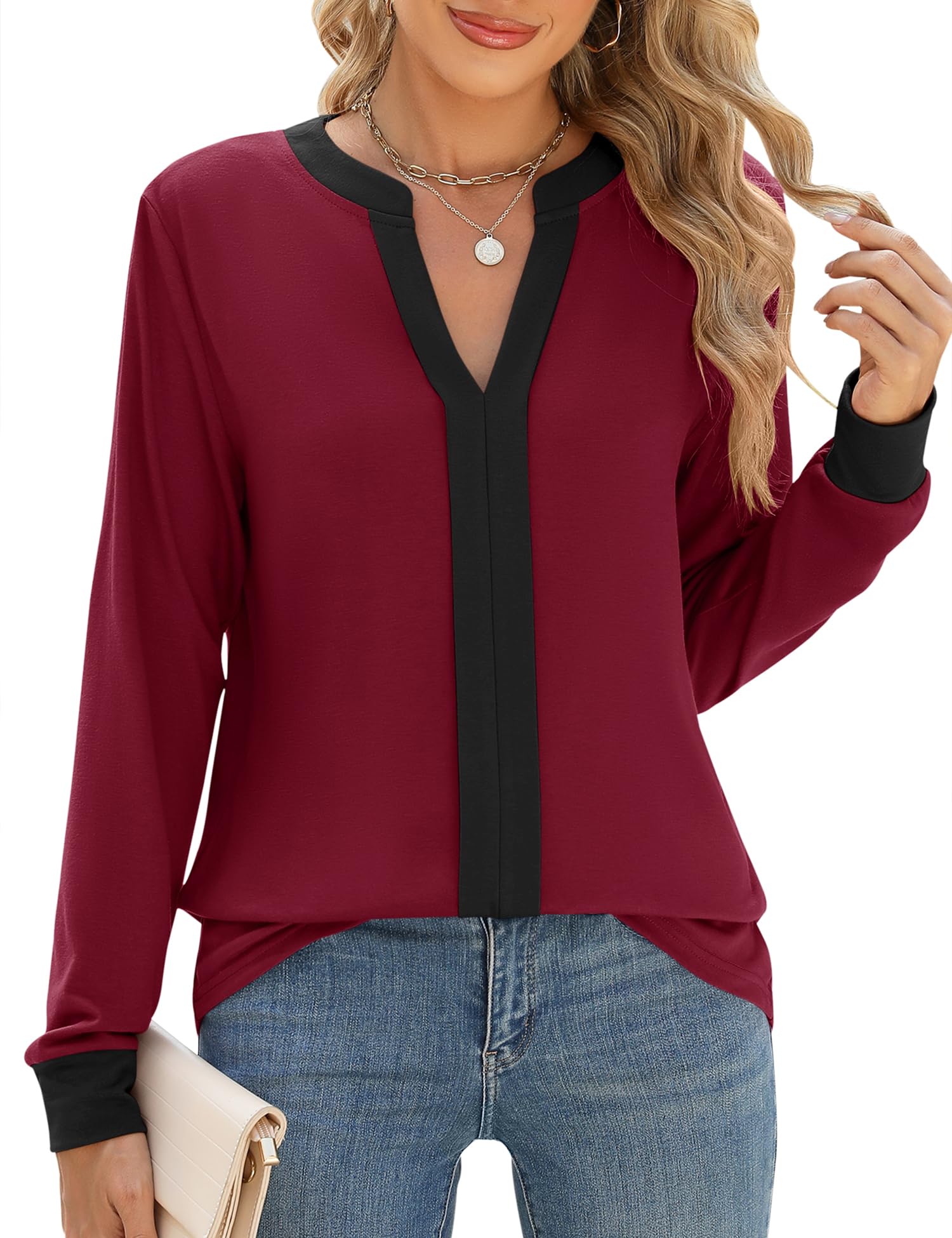 IECCP Bluse Damen Elegant V-Ausschnitt Herbst Oberteile Langarmshirts Casual Business Outfit Tops Blusen