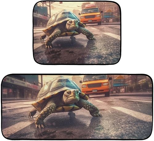 ZENWAWA Turtle on Road Kitchen Mat 2 Pcs Set, Low Pile Kitchen Rugs Cushioned Water Absorbent Washable Floor Mats for Kitchen Sink Laundry Room
