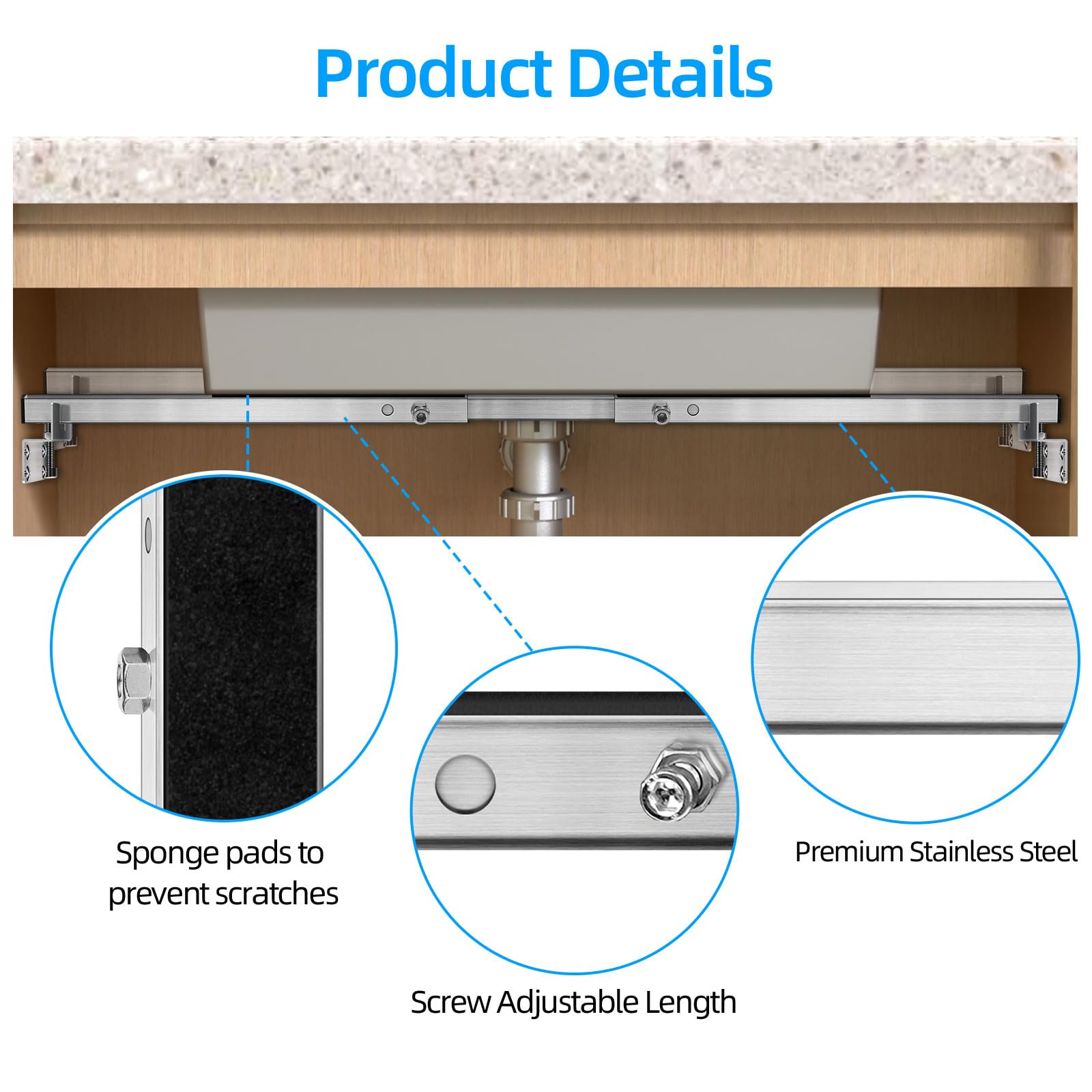 Qualward Soportes de fregadero de montaje inferior, soporte ajustable para fregadero, kit de instalación de acero inoxidable para fregadero de cocina de montaje inferior (20-55 pulgadas)
