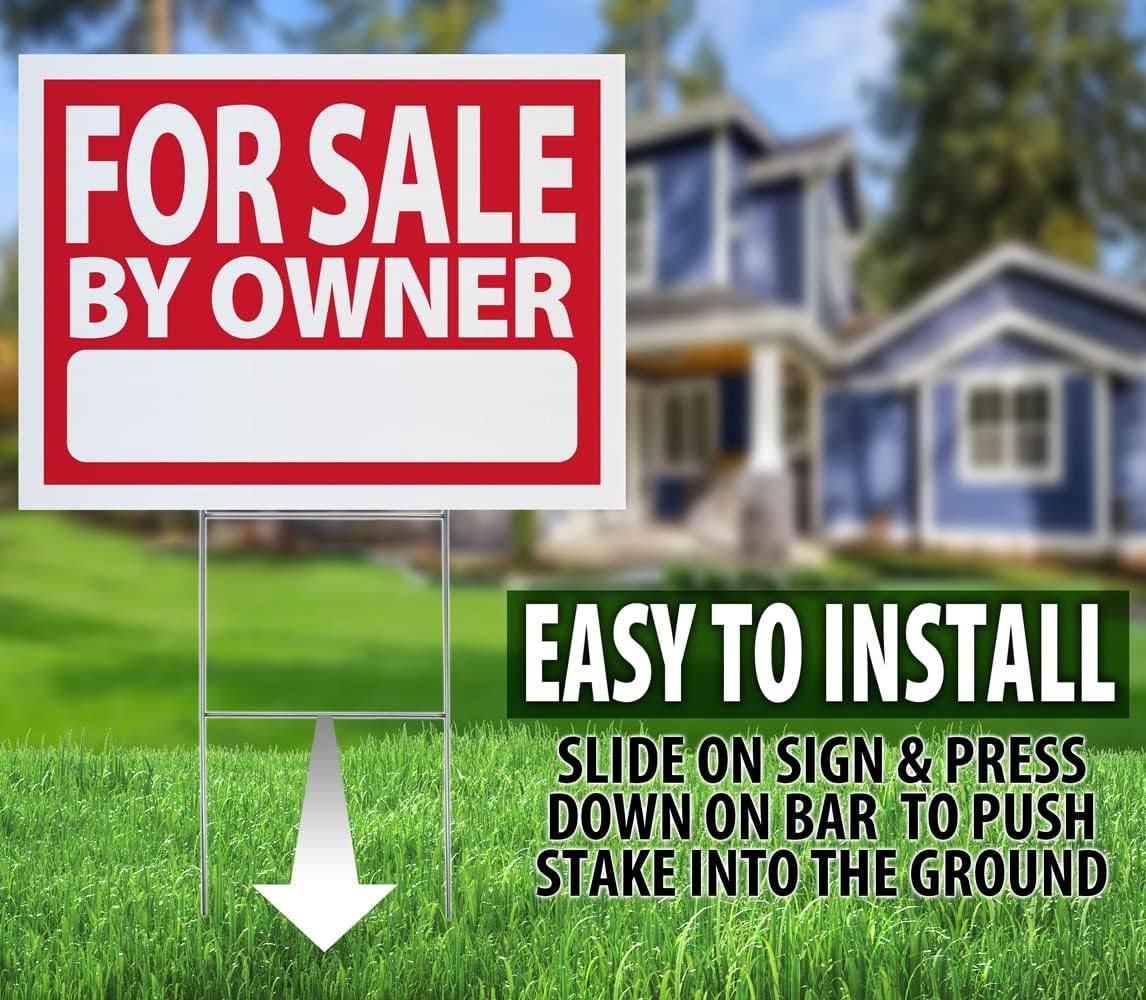 for Sale by Owner Sign Kit - 2 Pack Includes 2 18x24 Strong Double Sided Signs and 2 Yard Stakes, UV Ink, Made in USA Real Estate Supplies