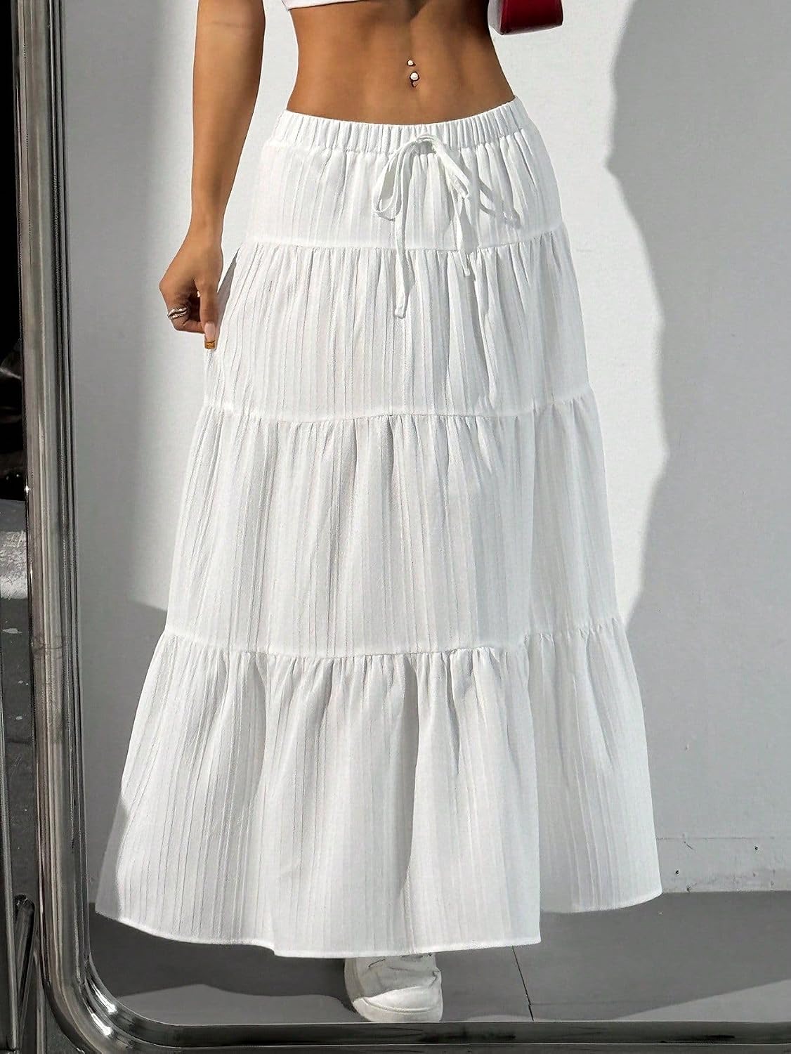Narecte Maxi Skirts for Women Solid Color Long Skirts for Women Summer High Waist Ruffled Hem Flowy Skirt