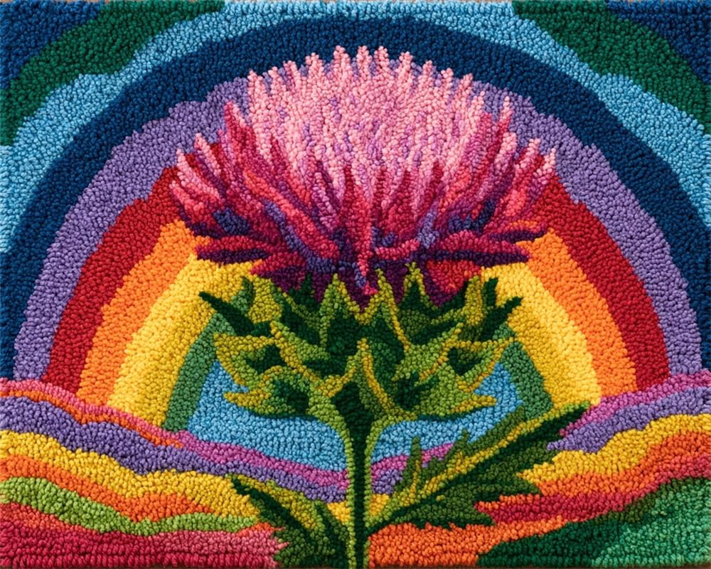 FWRTYCB DIY Latch Hook Rug Kit Thistle Flower Under a Rainbow