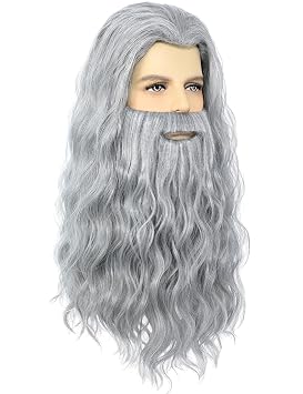 Grey Wizard Wig and Beard for Men Long Gray Beard Wig Set for Mens Halloween Costume Cosplay Party (Grey)