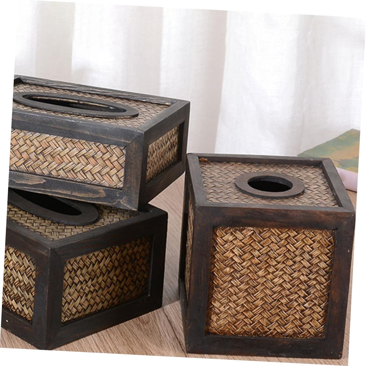 Homoyoyo Bamboo Tissue Box Cover Handwoven Square Decorative Storage Box for Living Room Boho Decor