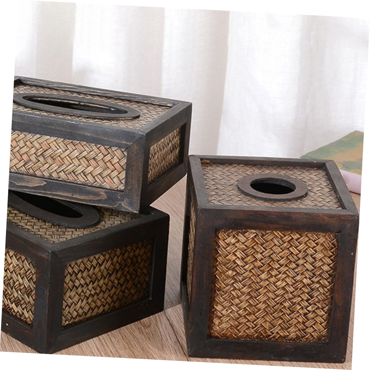 ABOOFAN Quadratische Handgewebte Taschentuchbox aus Natürlichem und Dekorativer Tissue Holder für Tisch Multifunktionaler Organizer Platzsparender Aufbewahrungskorb für Zuhause und Büro