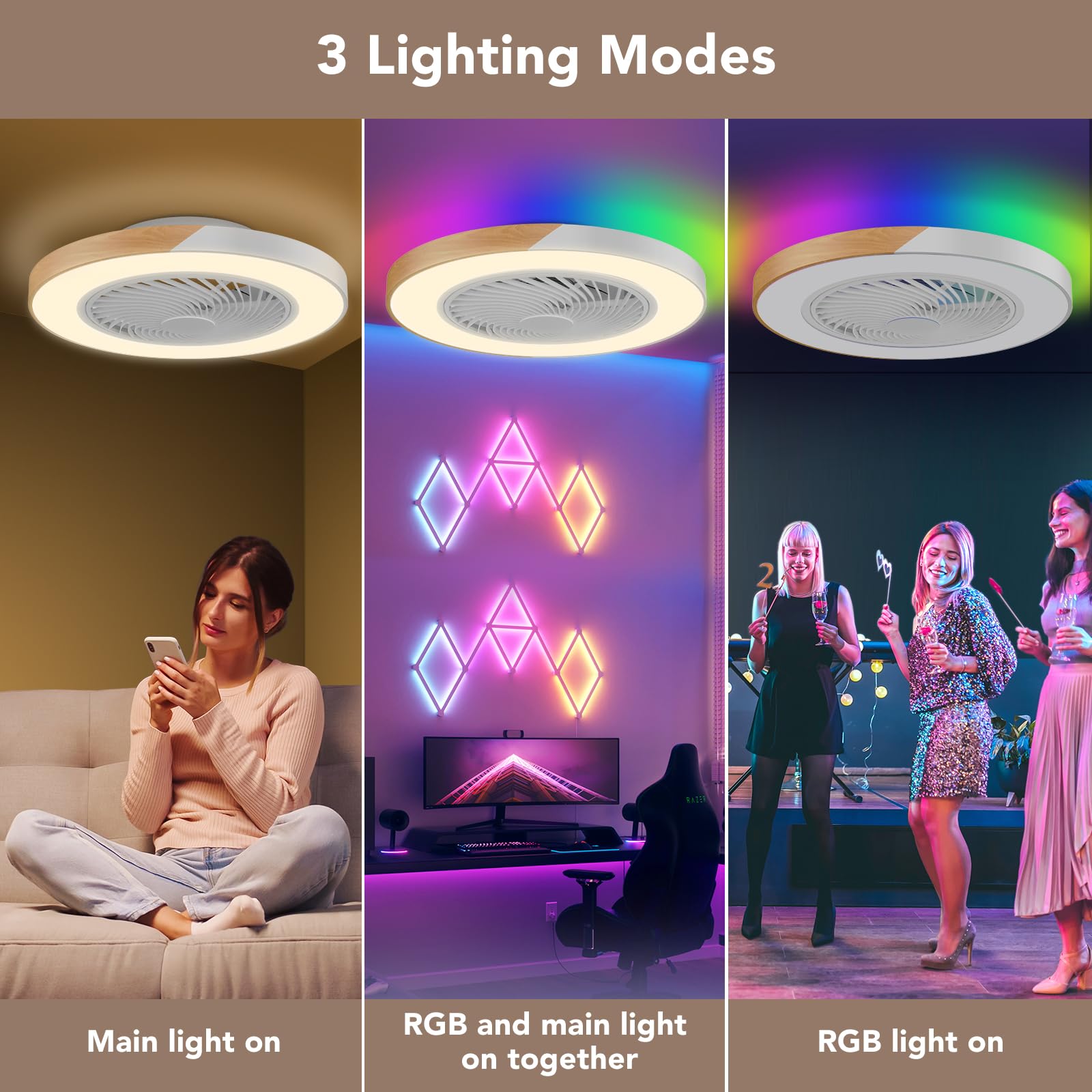 BESCOST Ventilatore da Soffitto con Luce Fredda/Calda/Naturale(3000K-4200K-6000K) e RGB,Lampadario con Ventilatore da Soffitto con Telecomando :6 Velocità,Timer(1H/4H) Motore Reversibile,Basso Rumore