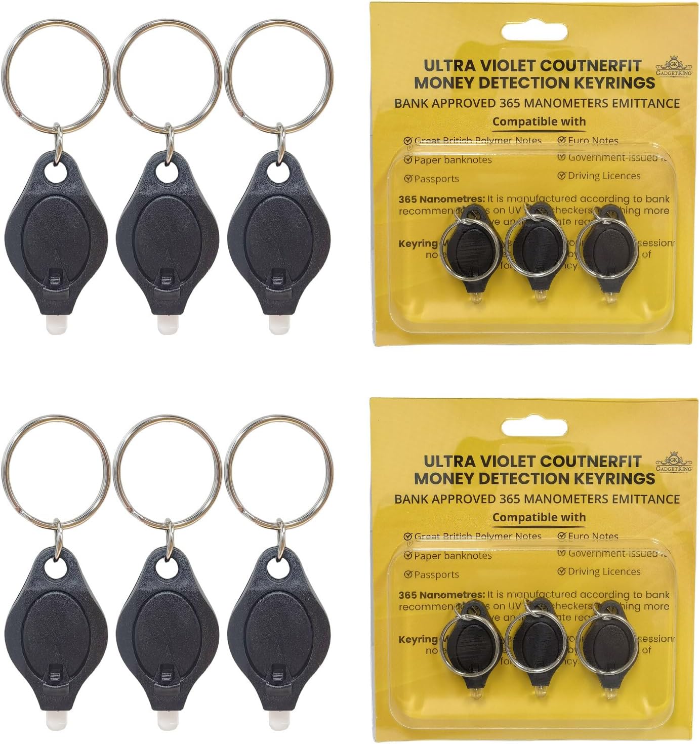 GADGETKING 6 Pack UV Money Checker Polymer Bank Note Scanner LED Detector Light Forged Pen Portable 2 in 1 with Blacklight & White LED Watermark Torch for Paper Notes Keyring Keychain