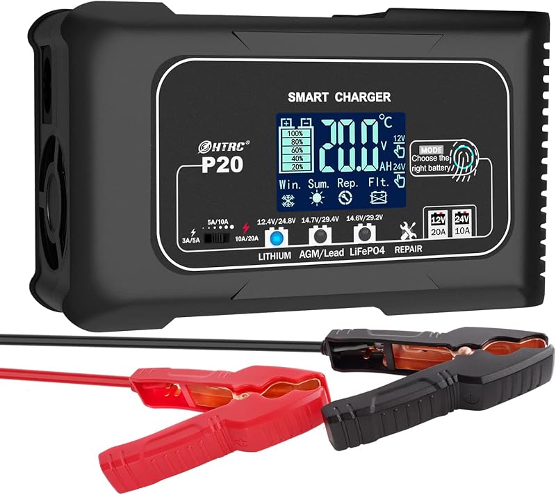 Cargador de batería inteligente de 20 amperios, litio, LiFePO4, plomo-ácido (AGM/Gel/SLA...) Cargador de batería para automóvil, cargador lento, cargador de mantenimiento/ciclo profundo, 12 V/20 A y 24 V/10 A, para barcos, motocicletas, cortadora de césped, carrito de golf.