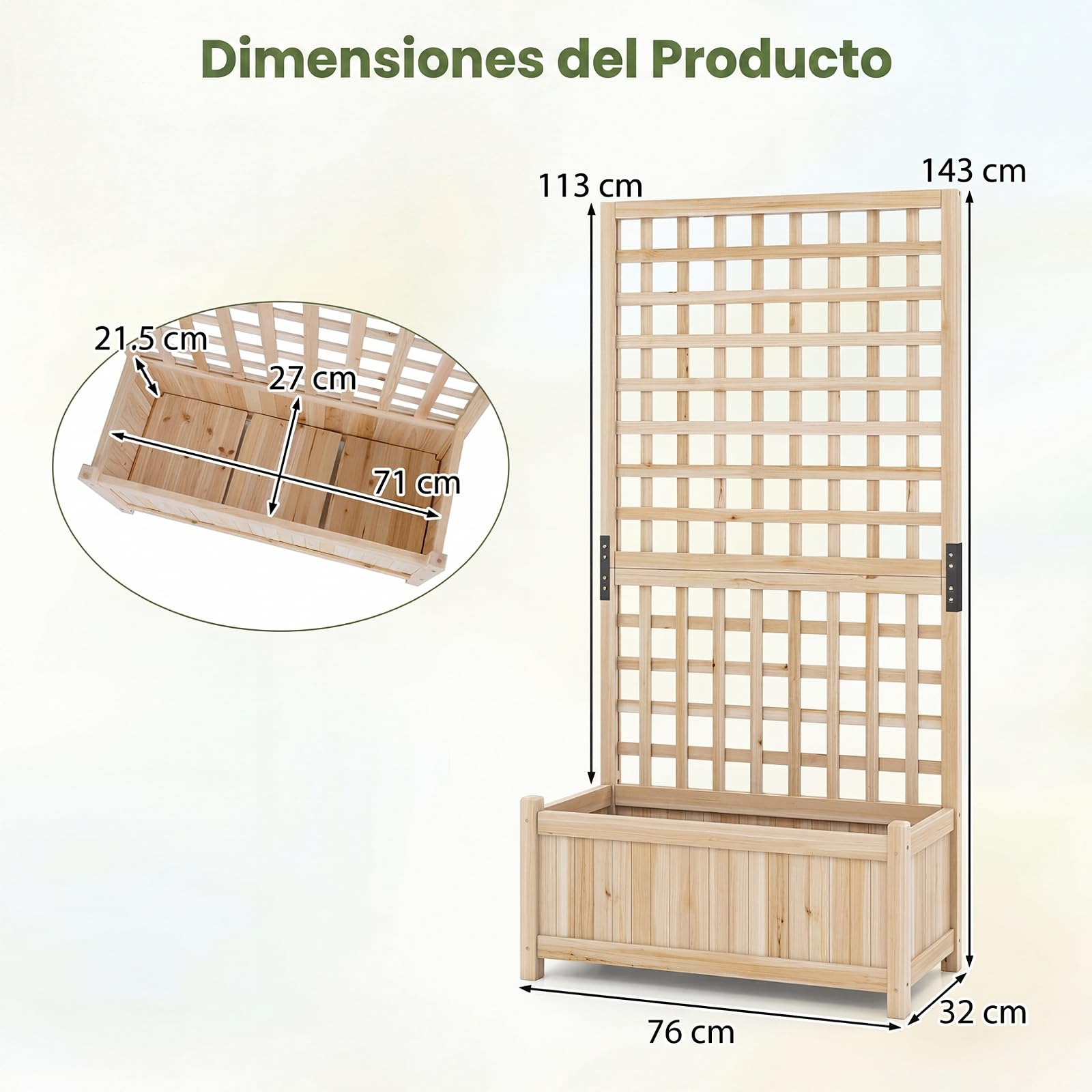 COSTWAY Jardinera Elevada con Enrejado, Macetero con Soporte para Trepadoras, Marco de de Madera de Abeto, Agujeros de Drenaje, Huerto Urbano Exterior Grande para Terraza Balcón Patio (Natural)