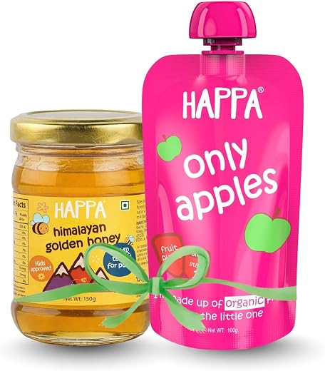 Happa Organic Baby Food Apple Puree | 100% Fruits | No Added Sugar, No Milk Powder, No Preservatives | Stage 1 (6 Months+) | Ready to Eat | Free from Common Allergens & Happa Himalayan Golden Honey | 100% Pure, Raw & NMR Tested | Kids Approved, Low Pollen, Mild Aroma | Natural Immunity Booster & Healthy Sweetener | Combo Pack of 2 (250g)