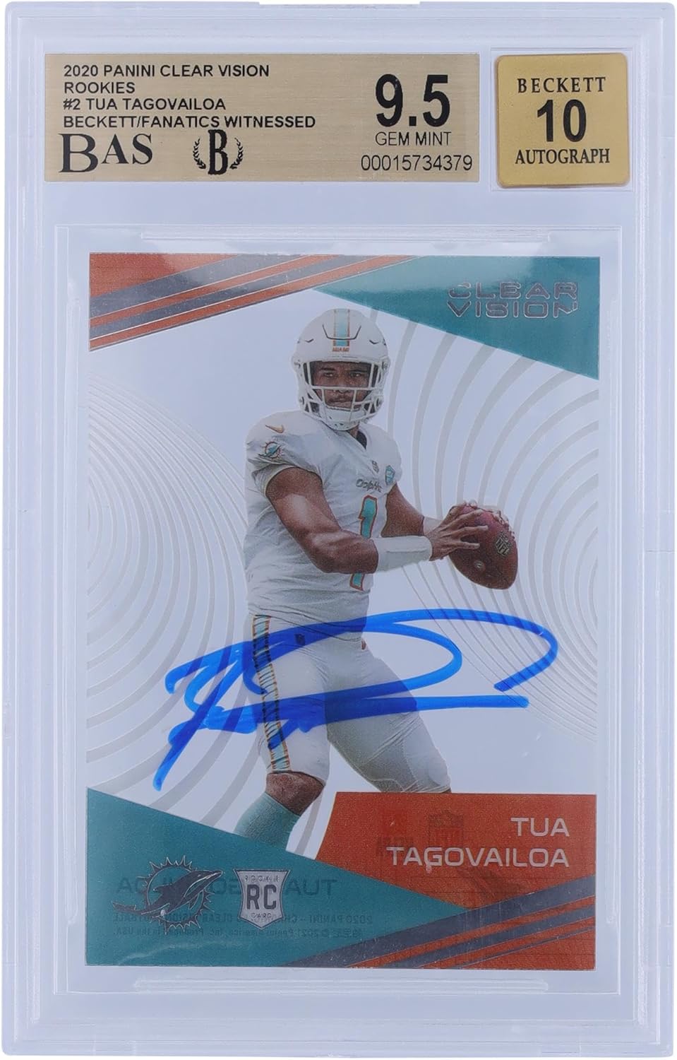 Tua Tagovailoa Miami Dolphins Autographed 2020 Panini Clear Vision Rookies #CV-2 Beckett Fanatics Witnessed Authenticated 9.5/10 Rookie Card - Football Slabbed Autographed Rookie Cards