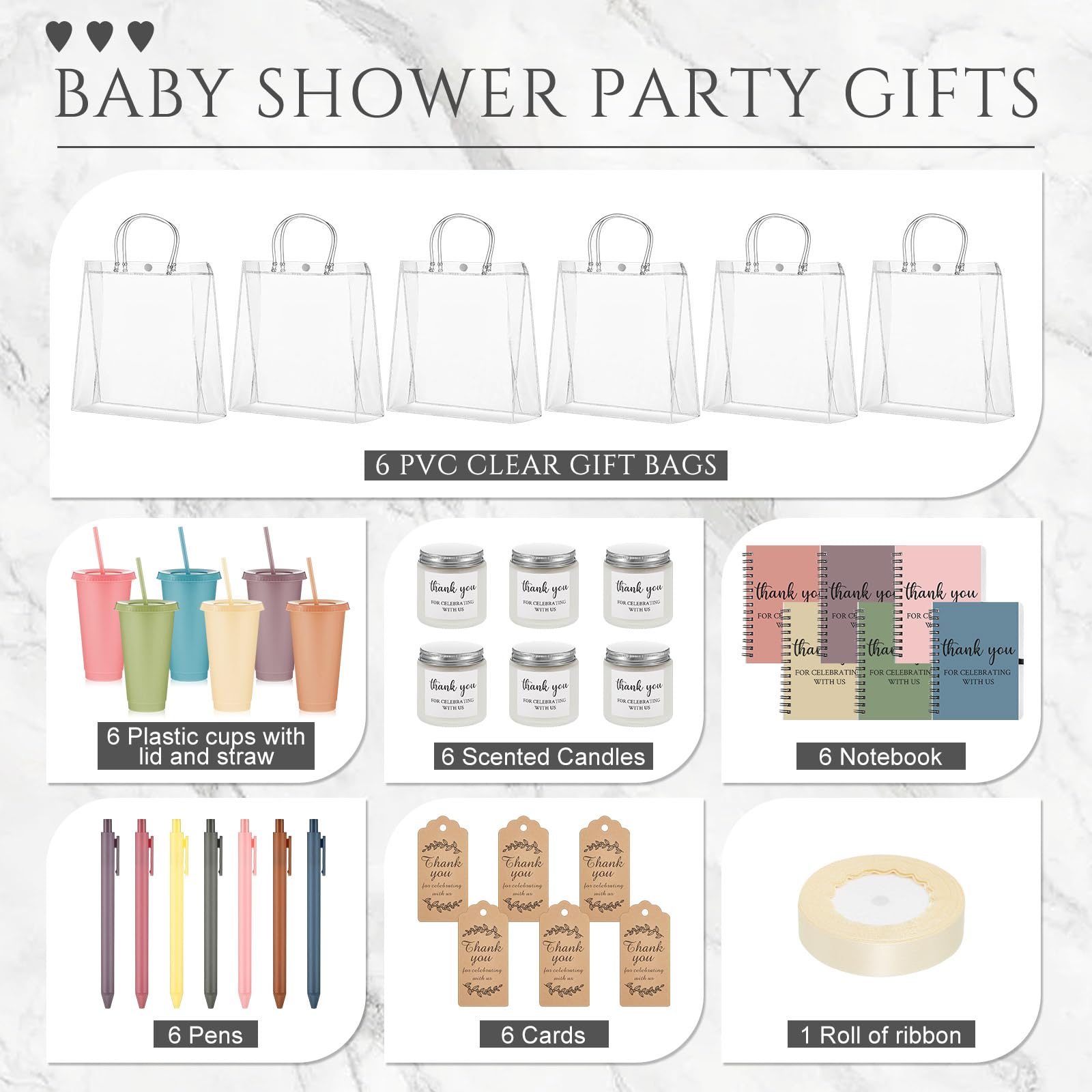 Nuogo 6 juegos de premios de baby shower para jugadores ganadores adultos, incluye vaso de plástico, cuaderno, velas perfumadas, bolsa de regalo, regalo para el jugador de baby shower (estilo elegante