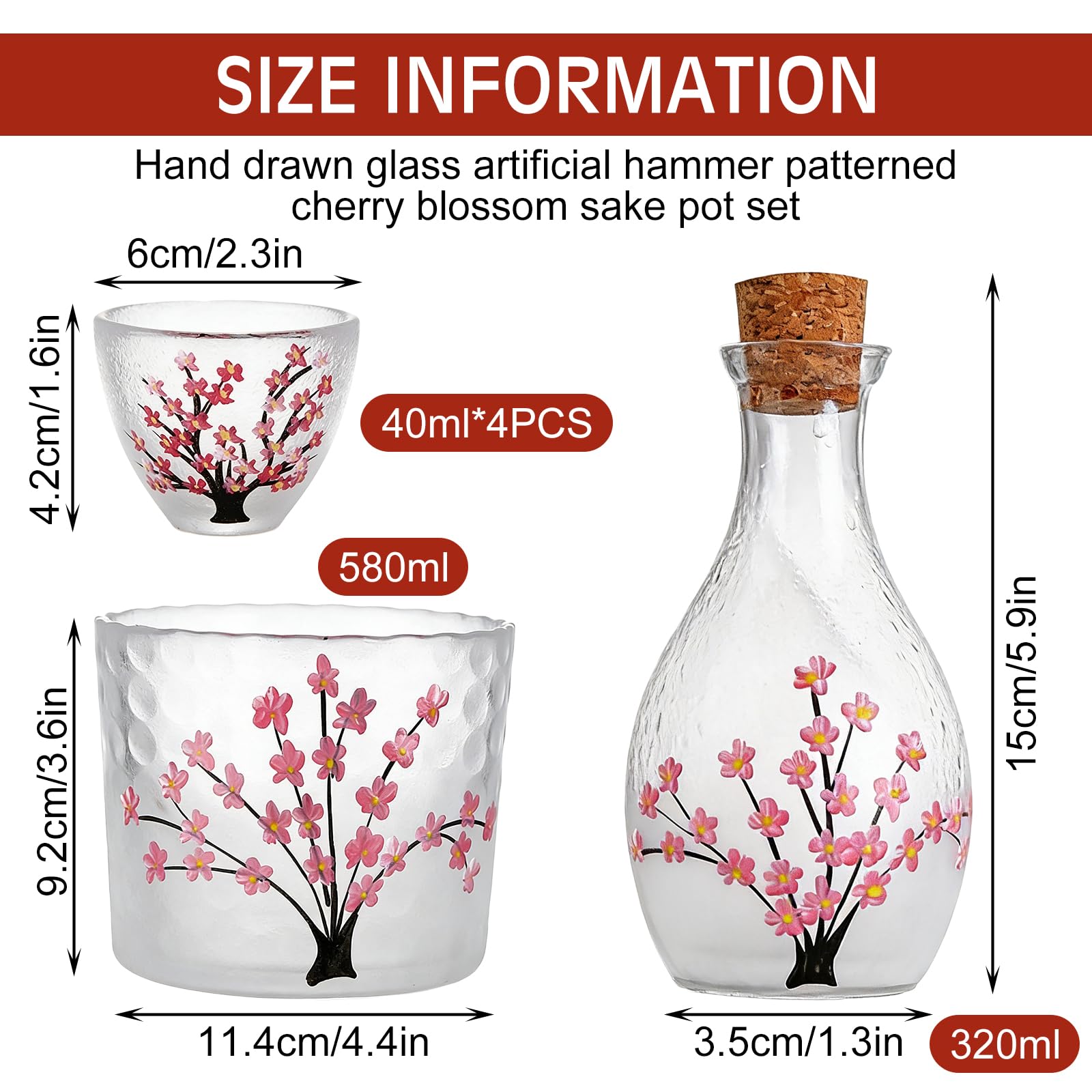 Nimblyne 6 Stück Japanisches Sake Set: Handcrafted Pink Cherry Blossoms Design Sakes Flasche mit Schmalem aus Glas, Sake Set mit 1 Sake-Flasche, 1 Sake-Behälter und 4 Sake-Becher