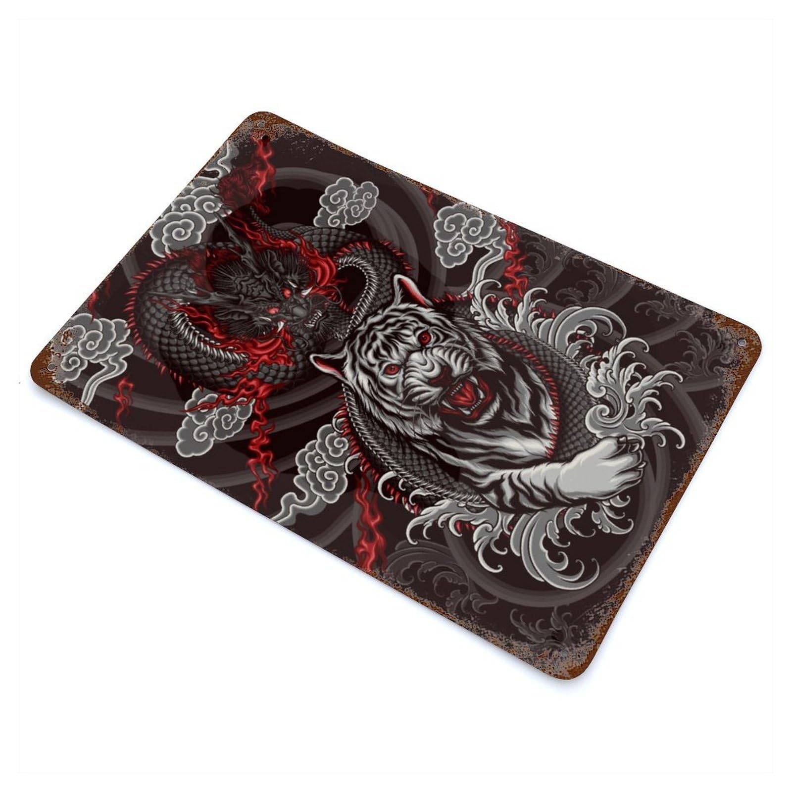 Tiger And Dragon Weathered Tin Sign 11.8"x7.9", Retro Wall Decor for Pub, Kitchen And Man Cave Decor