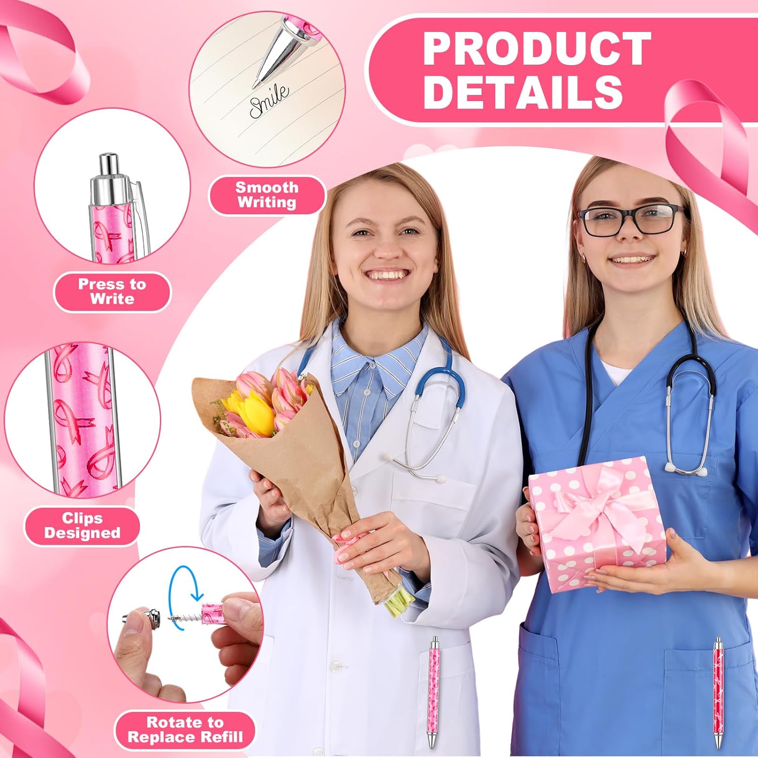 150 Pcs Pink Ribbon Pens Bulk Breast Cancer Awareness Holiday Novelty Pens 0.5 mm Retractable Black Ink Decorative for Office School Party Favor Supplies Women Gift