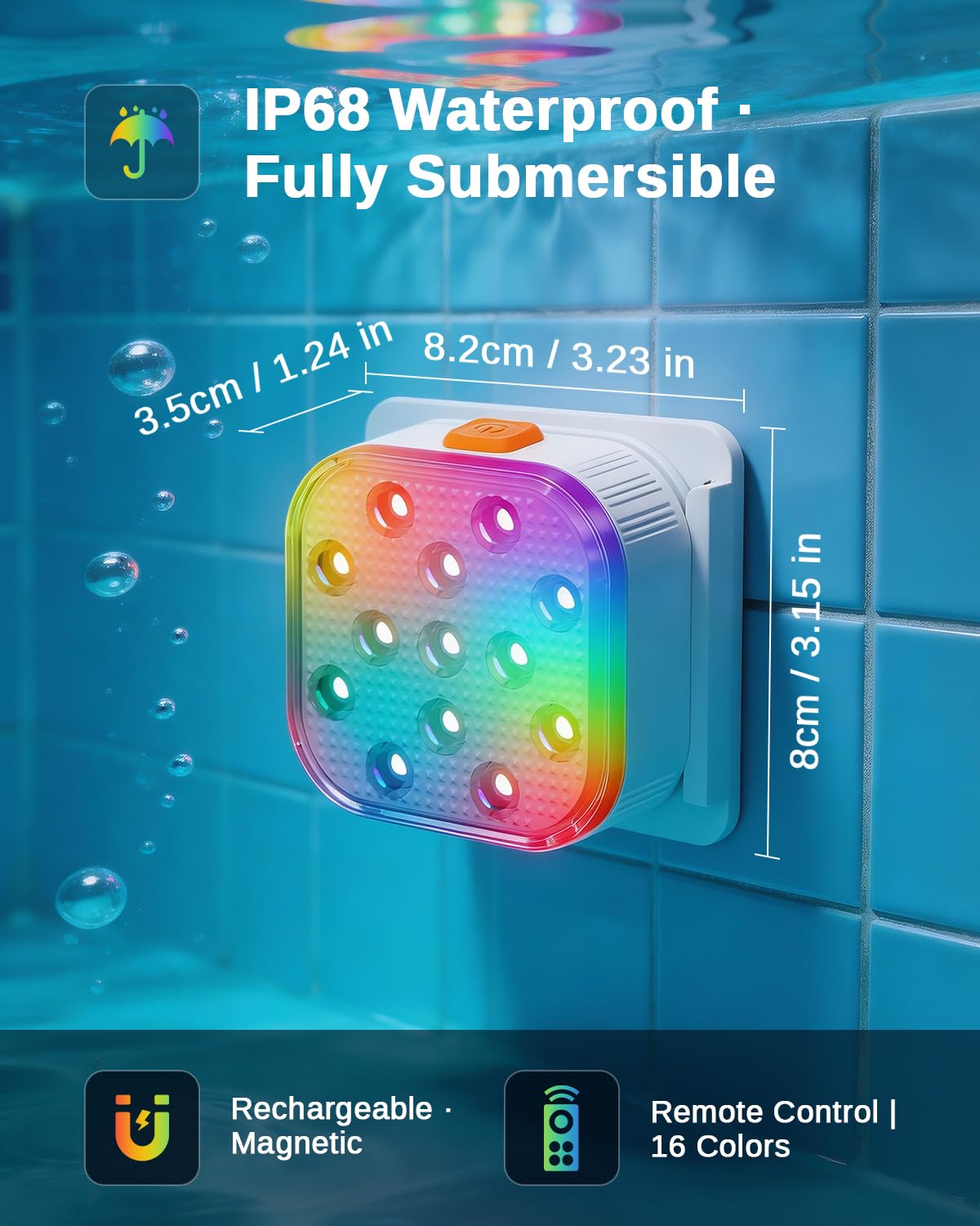 SoulBay - Luces de piscina subacuáticas, 2 piezas de luces magnéticas recargables para bañera de hidromasaje con control remoto, 16 colores y 6 modos dinámicos RGB, accesorios de spa LED impermeables