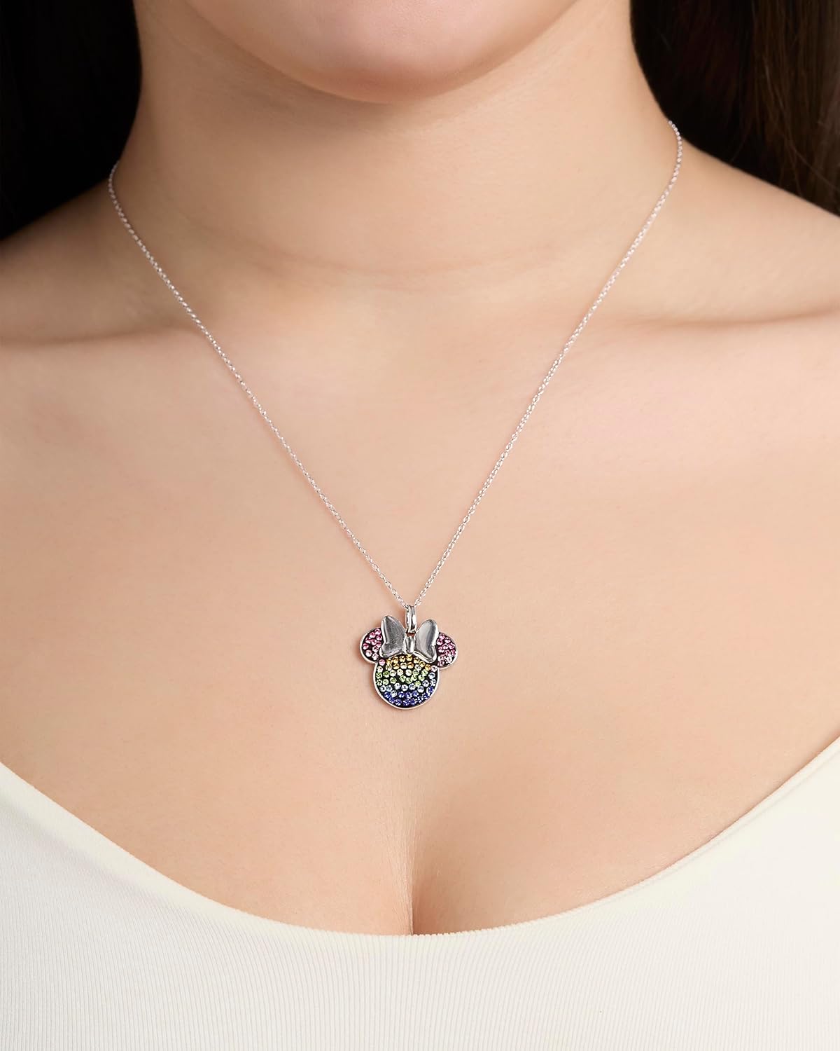 Sterling Silver Minnie Mouse Necklace for Women with Crystals 15" or 18" Official License, Disney Jewelry for Women