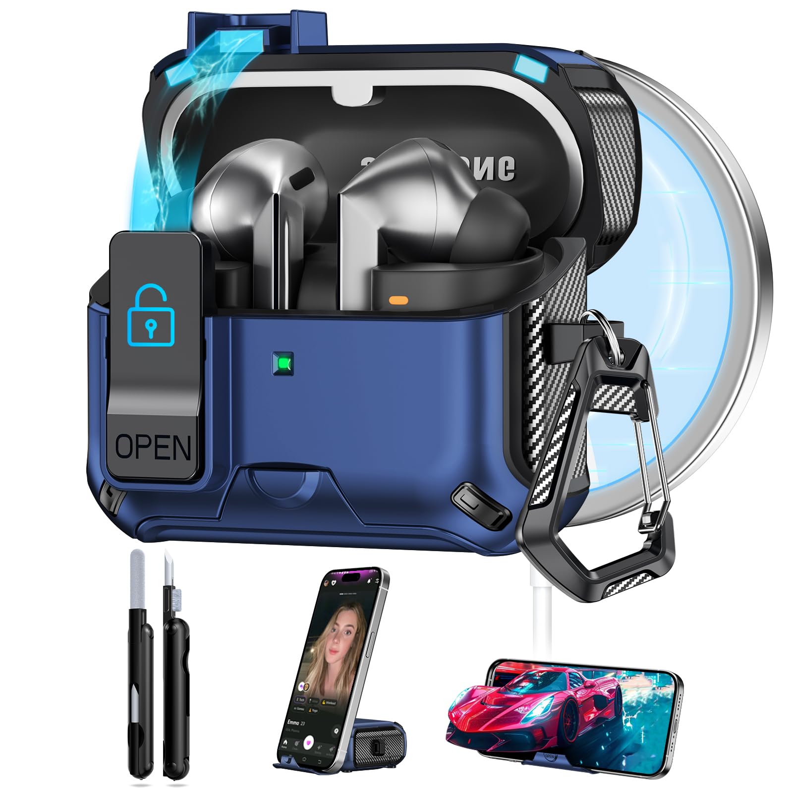 Case for Samsung Galaxy Buds3 FE (2025)/Buds3 Pro & Galaxy Buds 3 (2024), Auto-Open, Phone Stand & Secure Lock Design, Compatible with MagSafe,