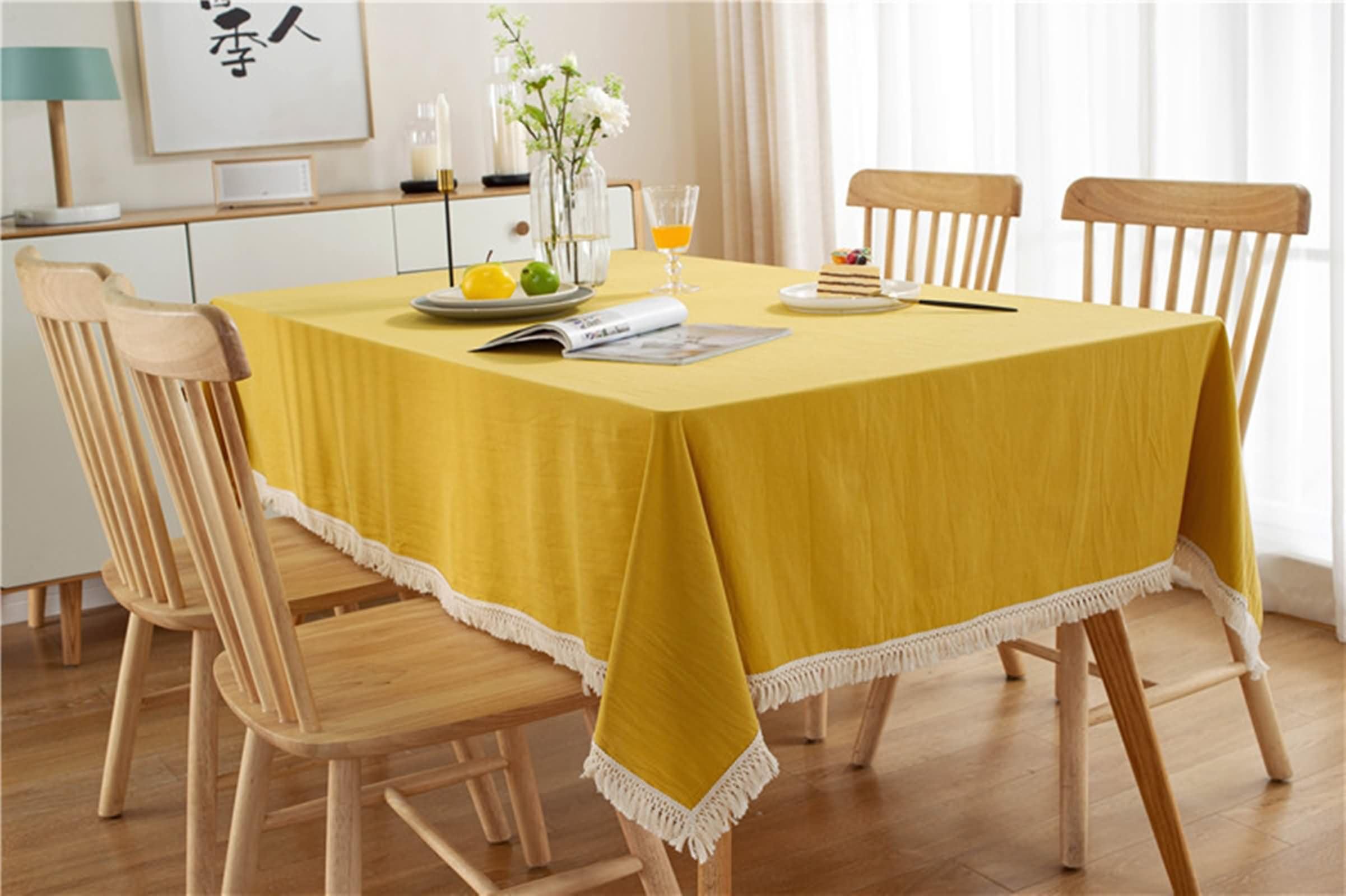Mantel Rectangular Amarillo, Color Sólido con Borlas, de Algodón Suave, 140 x 250 cm, Mantel para Comedor y Cocina