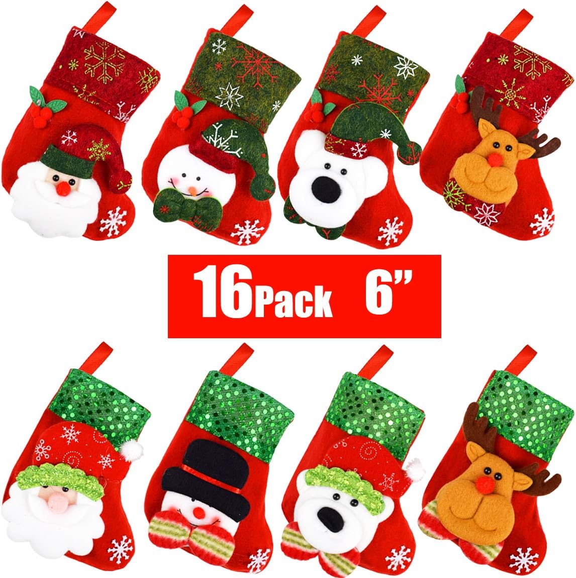 Danirora Mini Christmas Stockings Bulk, [16 Pack] 6" Small Xmas Stockings for Kids Goodie Bags - Santa Snowman Decoration for Christmas Tree