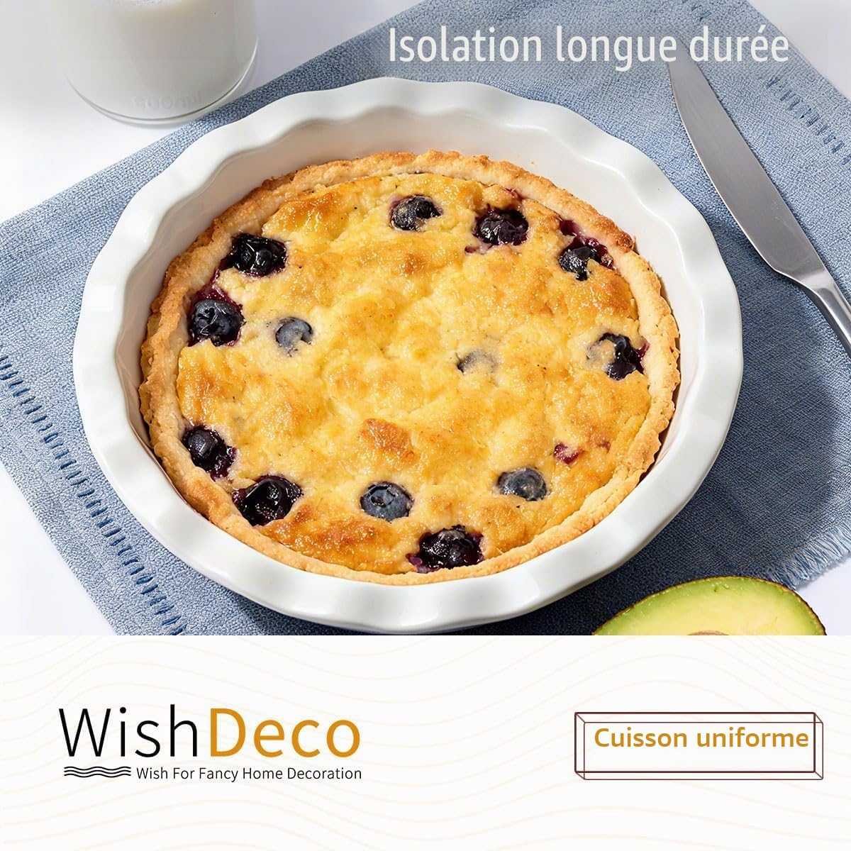 WishDeco Moule à Tarte 23 cm, Moule à Quiche en Céramique Rond 1500 ml, Plat Four à Gratin Blanc, Résistant au Four