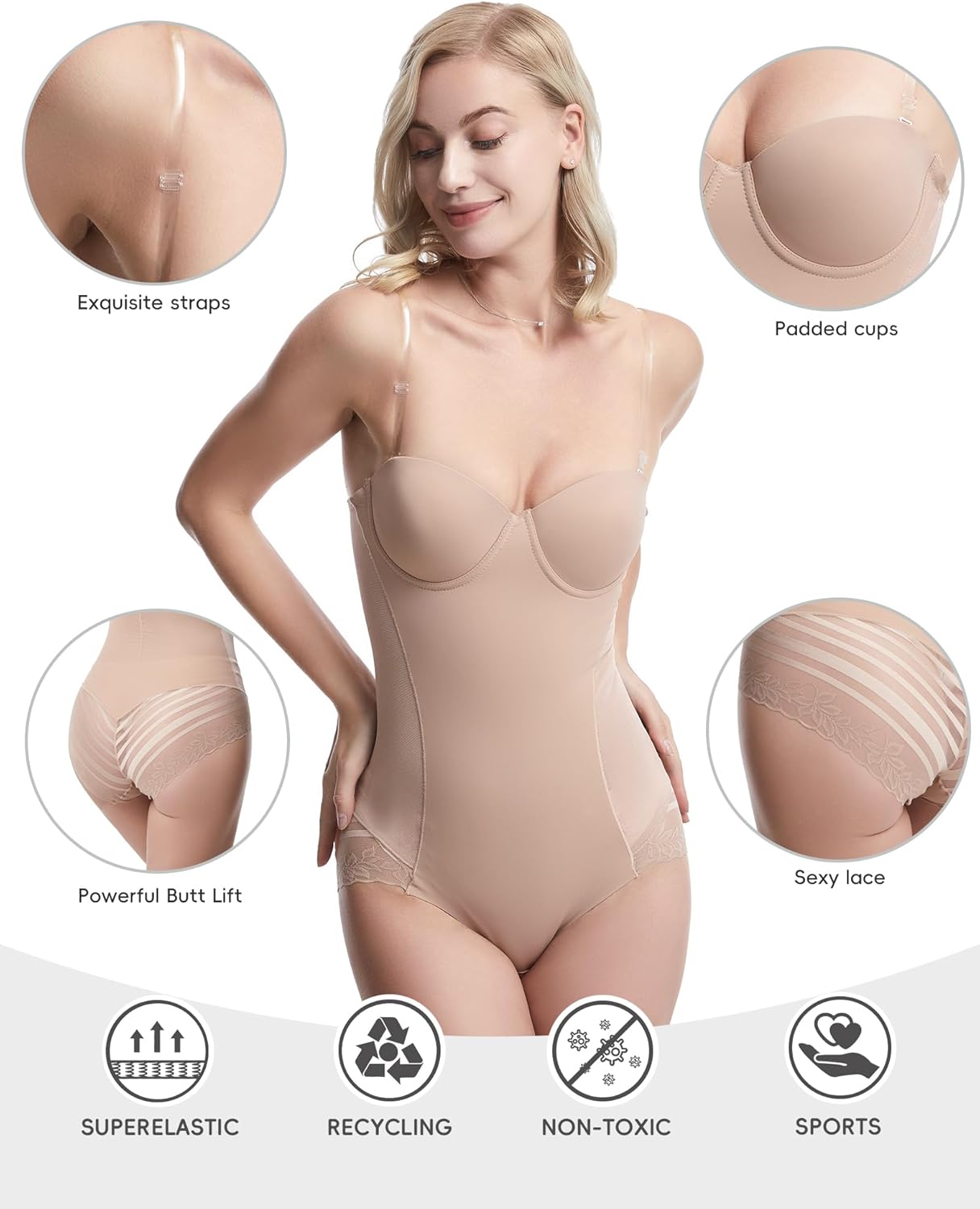 QOU Shapewear Bodysuit for Women, Tummy Control Body Shaper Seamless Sculpting Snatched Waist Body Suit Body Shaper - Image 2