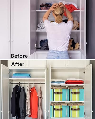 Miniatura 3 de Cesta de almacenamiento a rayas amarillas verde azulado para organizar estantes, cajas de almacenamiento plegables con asa, rayas blancas de arte