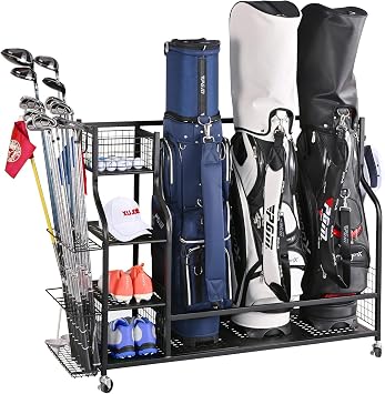 Majnesvon Golf Bag Storage Rack, Golf Bag Organizer with Wheels & Shelf, Equipment Accessories Organizer Storage for Garage, Club, Basement