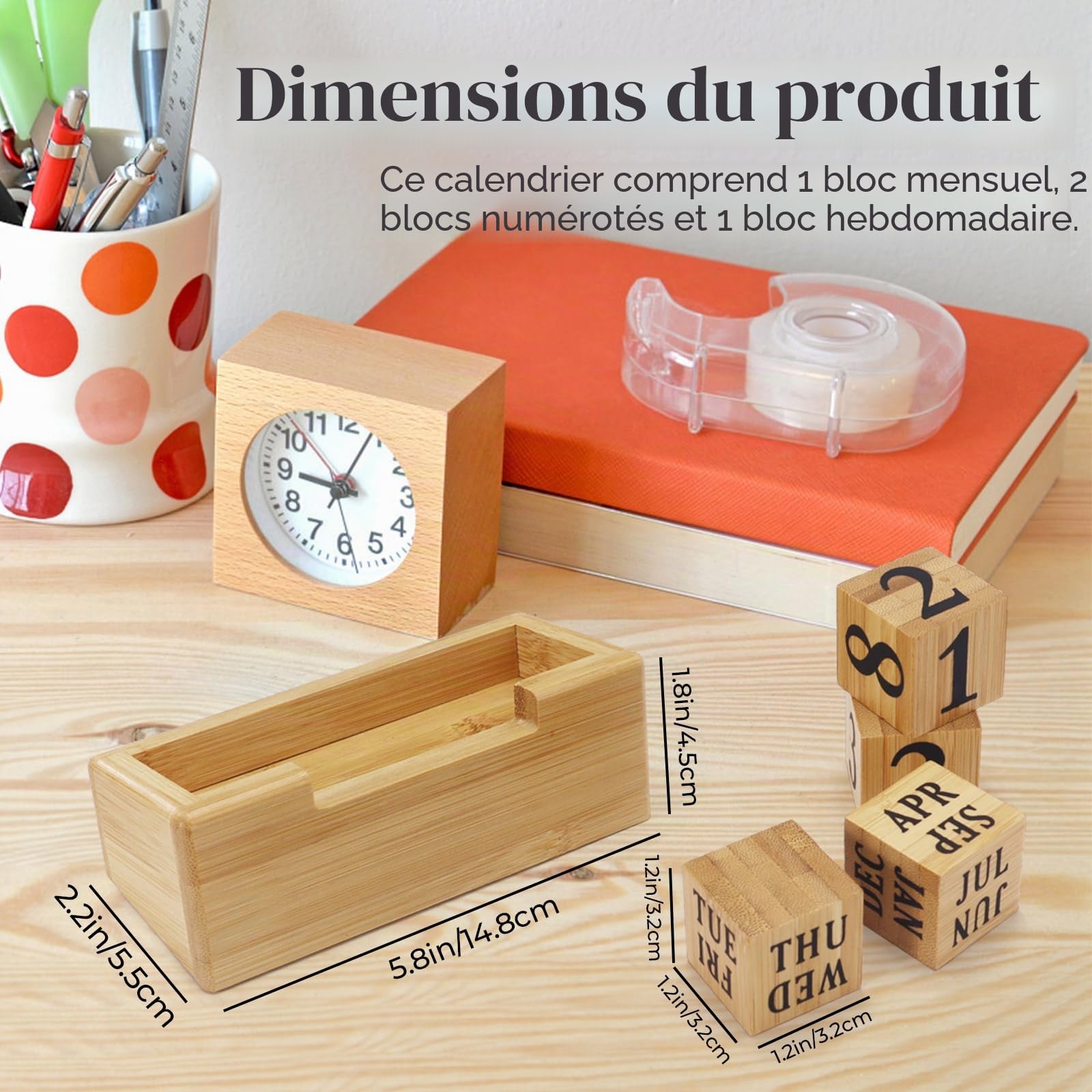 Calendrier perpétuel en bois pour bureau, blocs d'affichage du mois, de la date et du jour de la semaine, pour décoration de bureau rustique, accessoires de bureau mignons