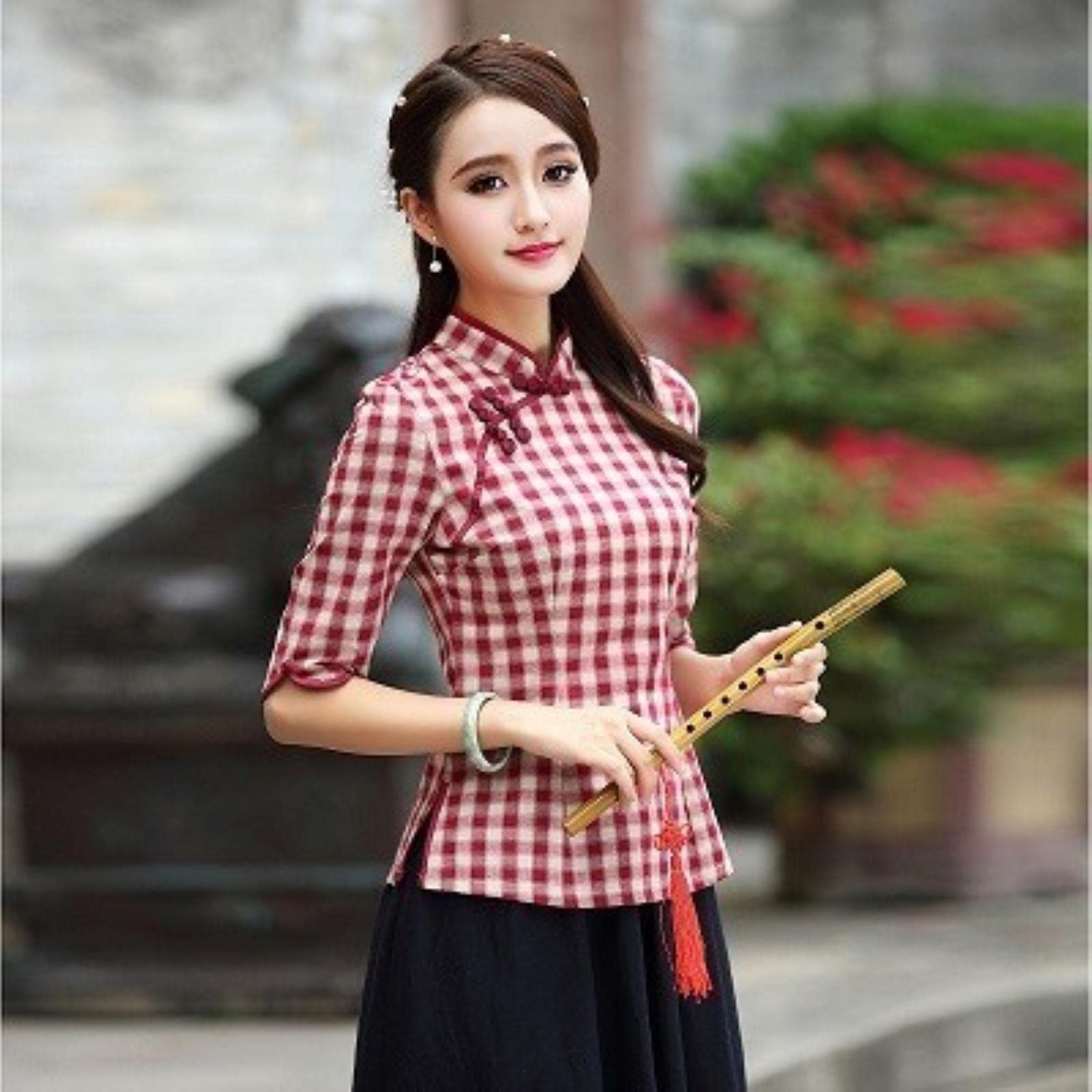 MOOCO MORNINGMOOCO MORNING Oriental Plaid Women Plus Size Tangzhuang Lattice Chinesische Kleidung Traditional Chinese Shirts Chinois Cotton Cheongsam Tops