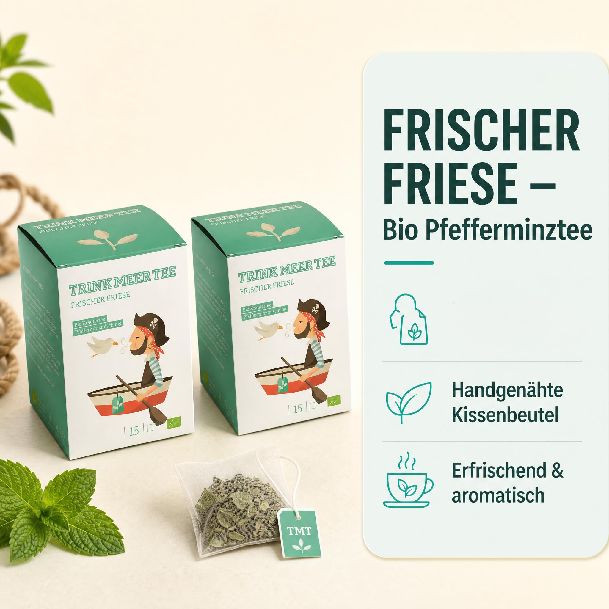 6 x Trink Meer Tee Pfefferminztee Frischer Friese Premium Kräutertee in Teebeuteln, erfrischend und aromatisch, handgenähte Kissenbeutel aus Netzmaterial, maritimes Design