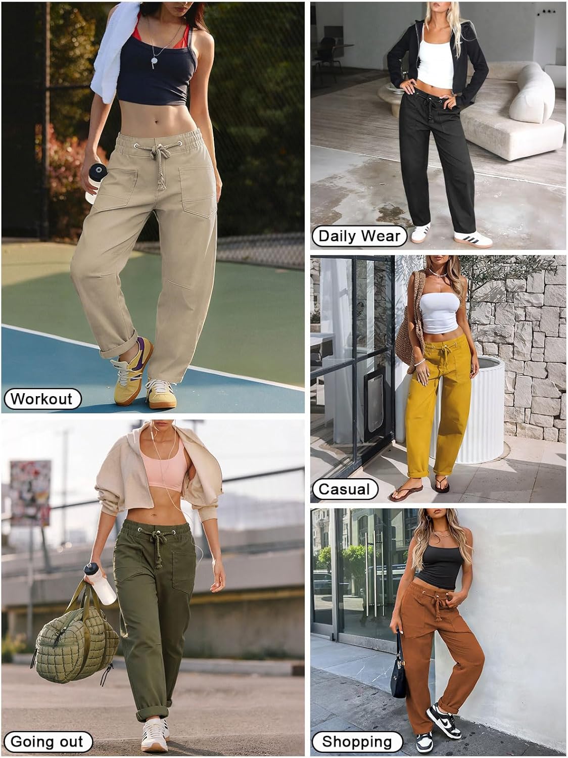 Womens Elastic Waist Pants for Women Drawstring Low Rise Baggy Barrel Pants Stretchy Ankle Cropped Trousers - Image 6