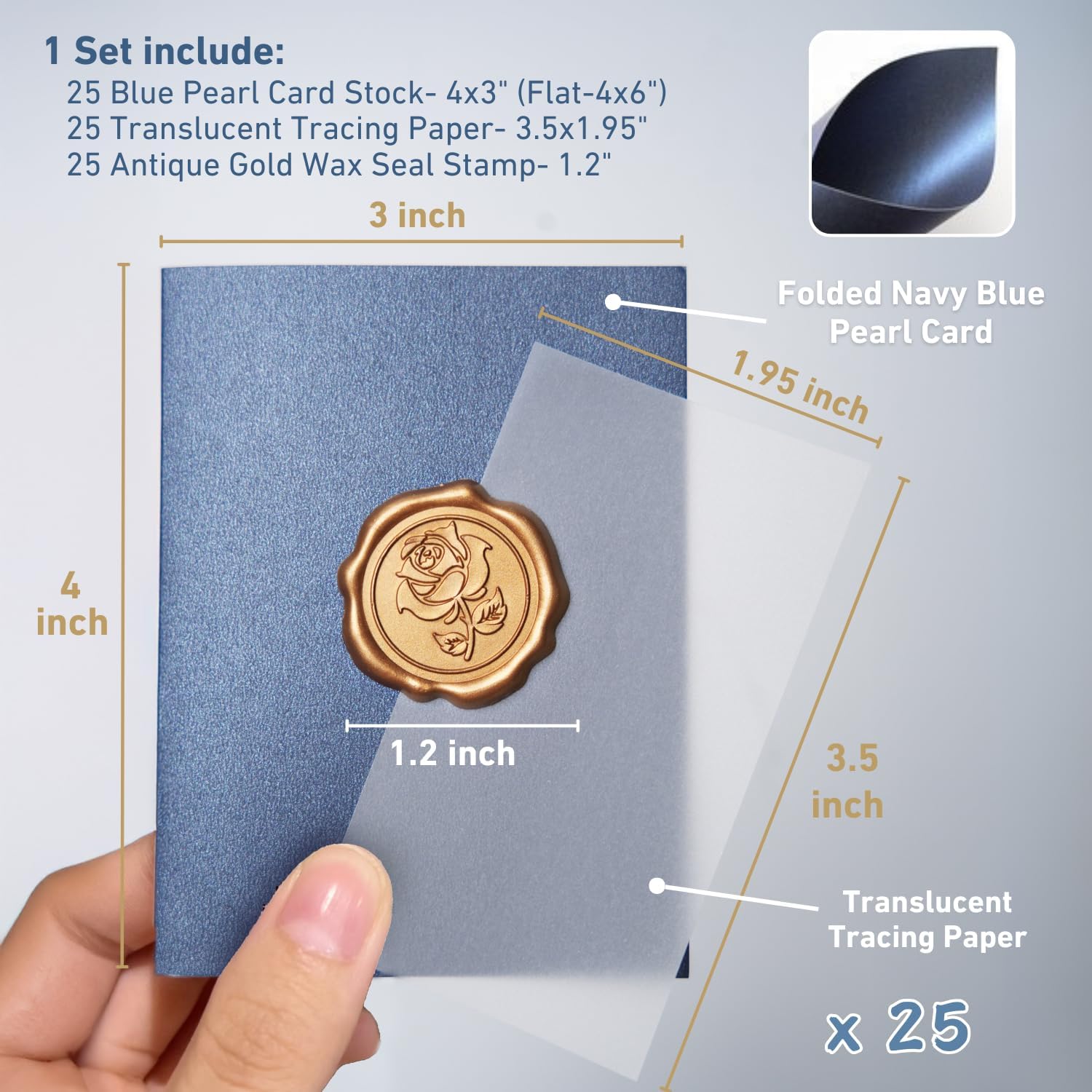 Parvigo 25 Pack Name Cards for Table Setting, Place Cards with Antique Gold Rose Wax Seal Sticker for Wedding, Table Tent Card Stock Handmade Decor for Party, Dinner, Home (Pearlized Navy Blue)