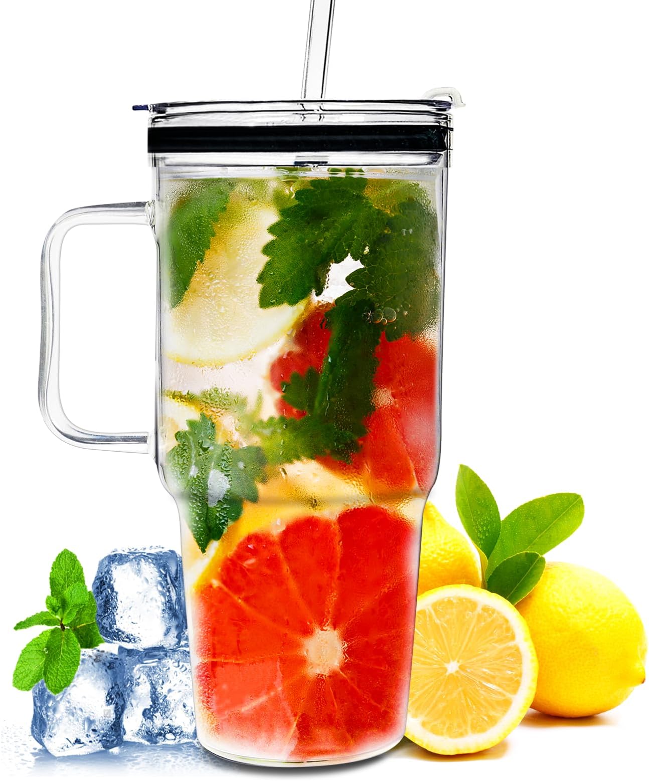 Glass Tumbler with Straws and Lids, 40oz Large Glass Coffee Tumbler with Handle, Clear Water Bottle for Car, Camping, Travel, and Outdoor Activities