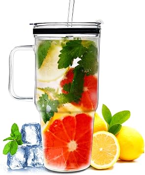 Glass Tumbler with Straws and Lids, 40oz Large Glass Coffee Tumbler with Handle, Clear Water Bottle for Car, Camping, Travel, and Outdoor Activities