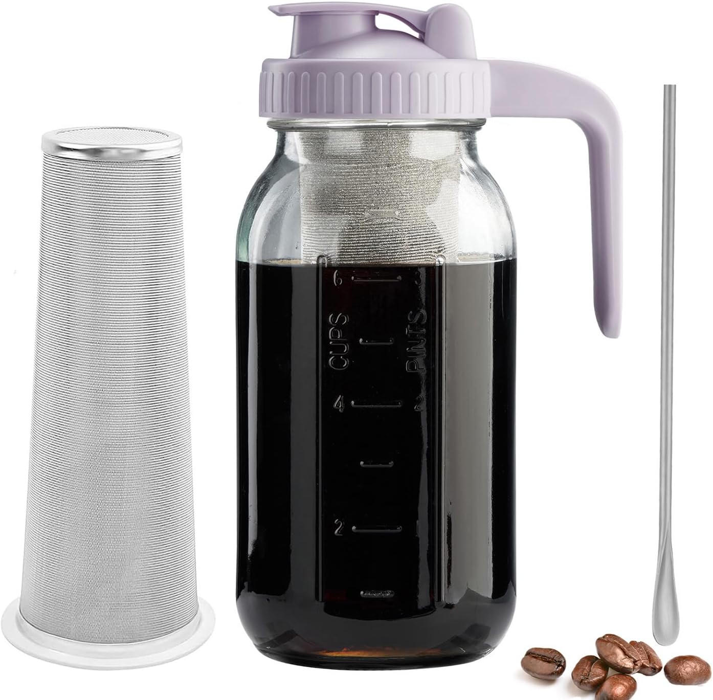 Cold Brew Coffee Maker with V-shaped Lid, 64oz Iced Coffee Maker with Stainless Steel Filter, BPA Free Sturdy Cold Brew Pitcher for Coffee, Iced Tea, Sun Tea, Lemonade