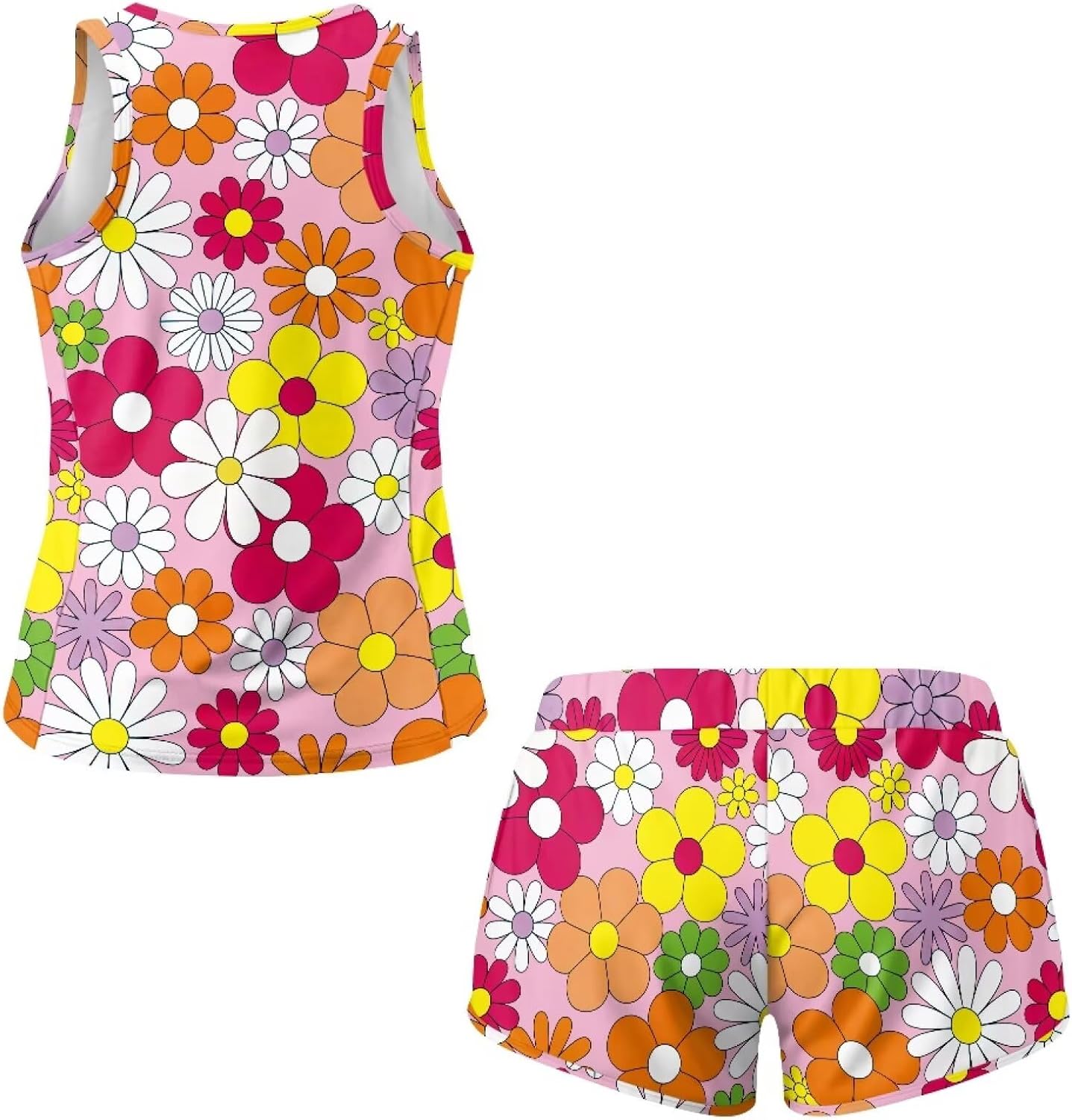 Hippie Flower Tankini Swimsuit for Women, 2 Piece Boho Floral Tankini Top with Shorts Tummy Control Modest Swimwear